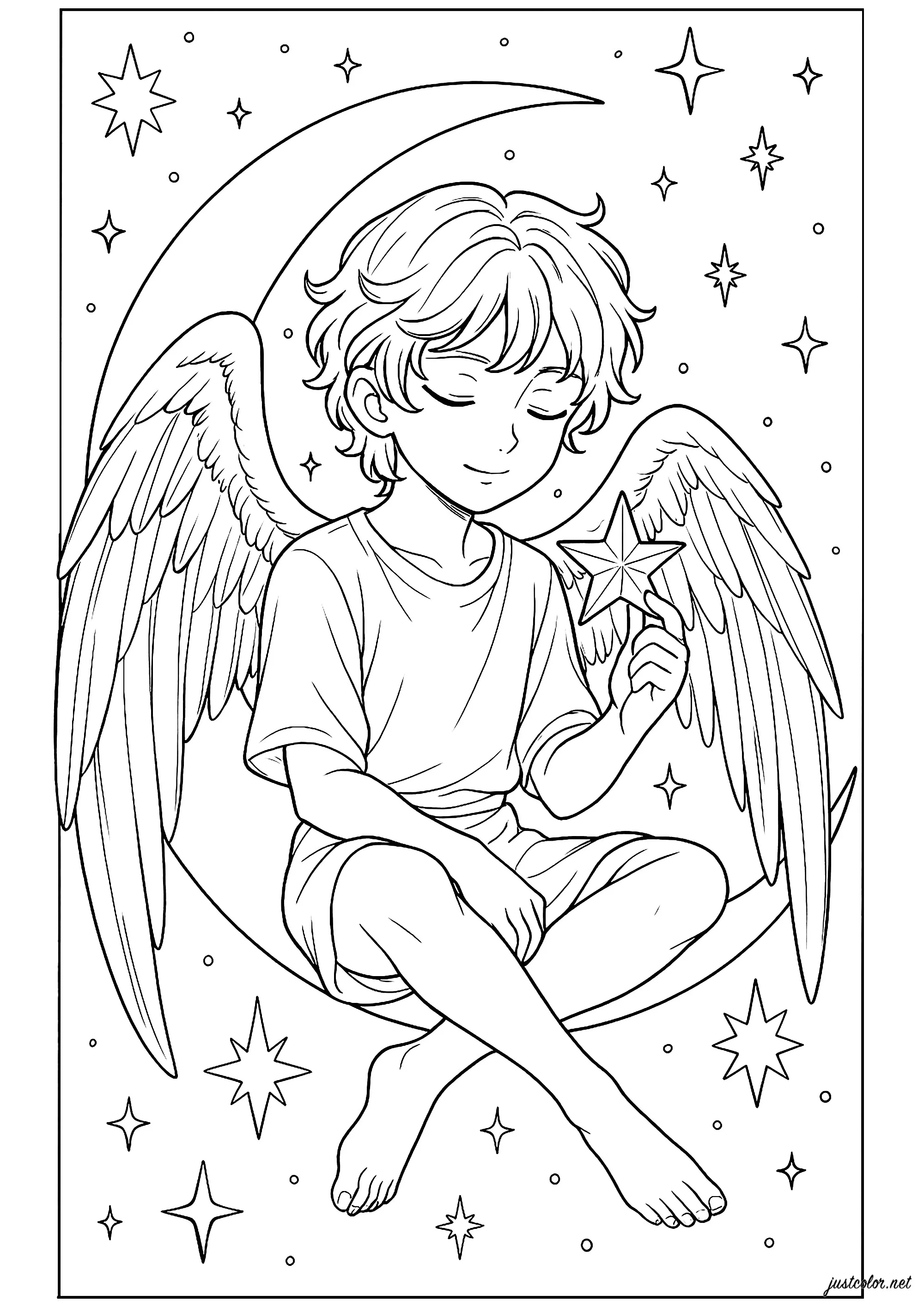 Ange style Manga parmi les étoiles - Coloriages d'Ange à imprimer pour  enfants, image size:2000x2828