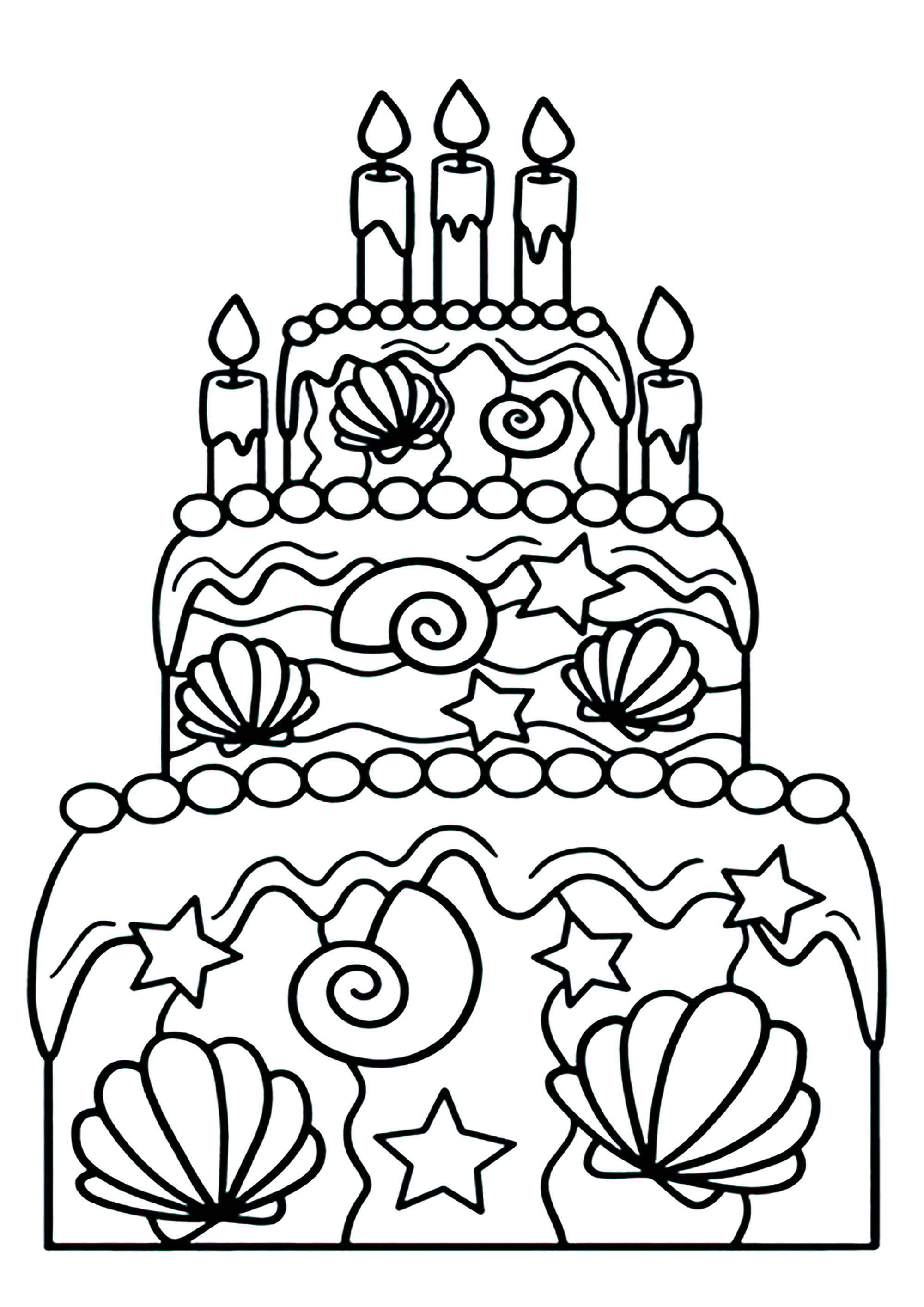 Coloriage d'un gâteau d'anniversaire avec motifs marins. Des coquillages incrustés dans le gateau, c'est original