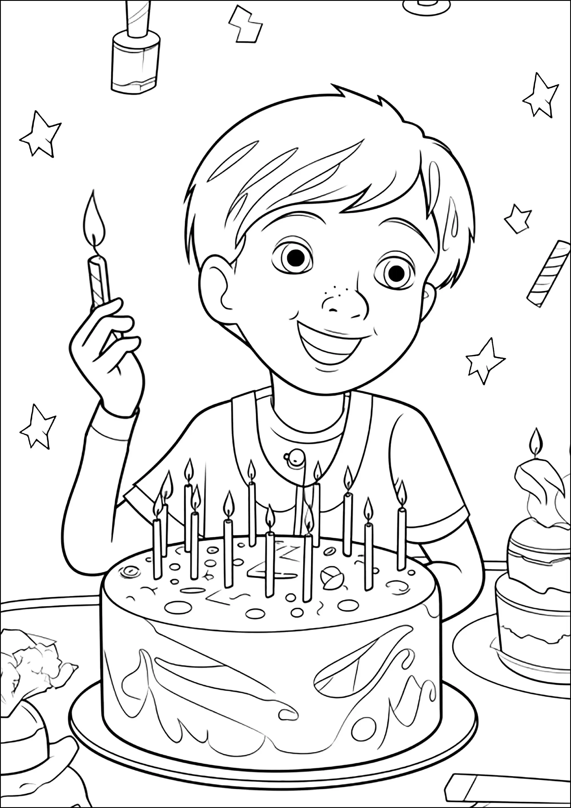 Un garçon qui fête son anniversaire avec un joli gateau (Coloriage à imprimer pour enfants)