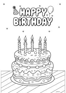 Un bon gateau d'anniversaire avec cinq bougies (Coloriage)