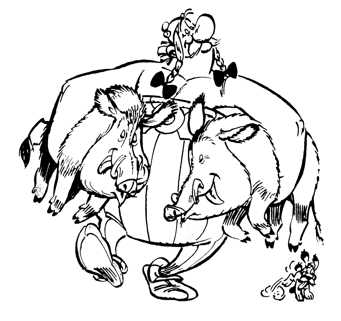 Coloriage d'Obelix qui a trouvé plein de sangliers pour le banquet