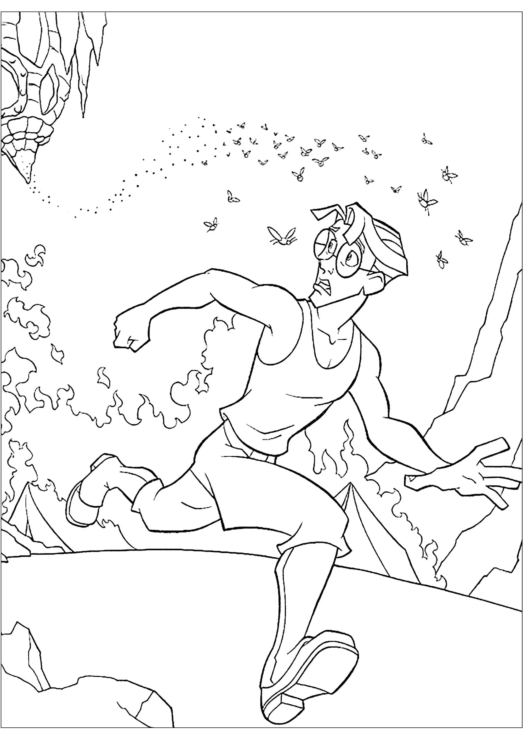 Atlantide - l'empire perdu : Milo Thatch en mauvaise posture (Coloriage d'Atlantide, l’Empire perdu à imprimer pour enfants)