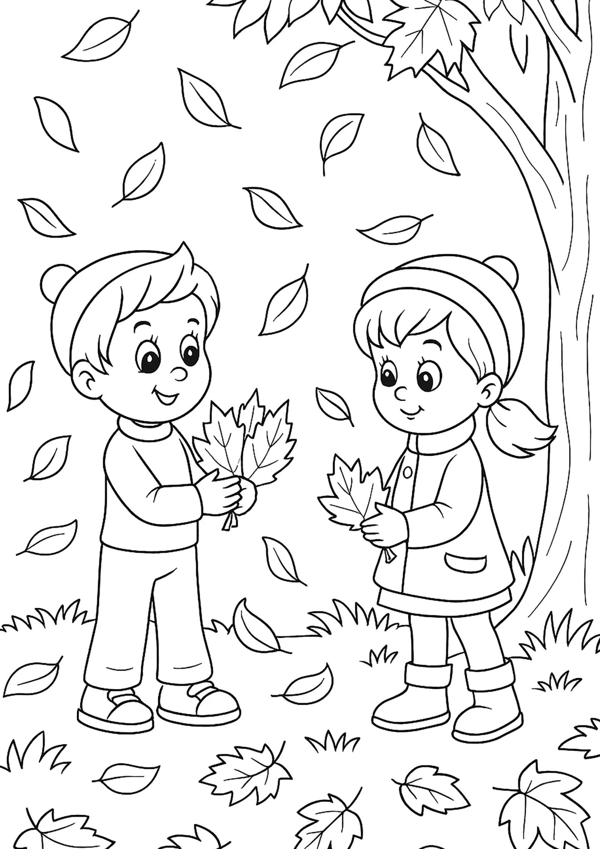 Enfants avec des feuilles mortes (Coloriage d'Automne à imprimer pour enfants)