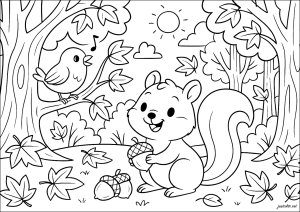 Rencontre Automnale dans les Bois (Coloriage d'Automne)