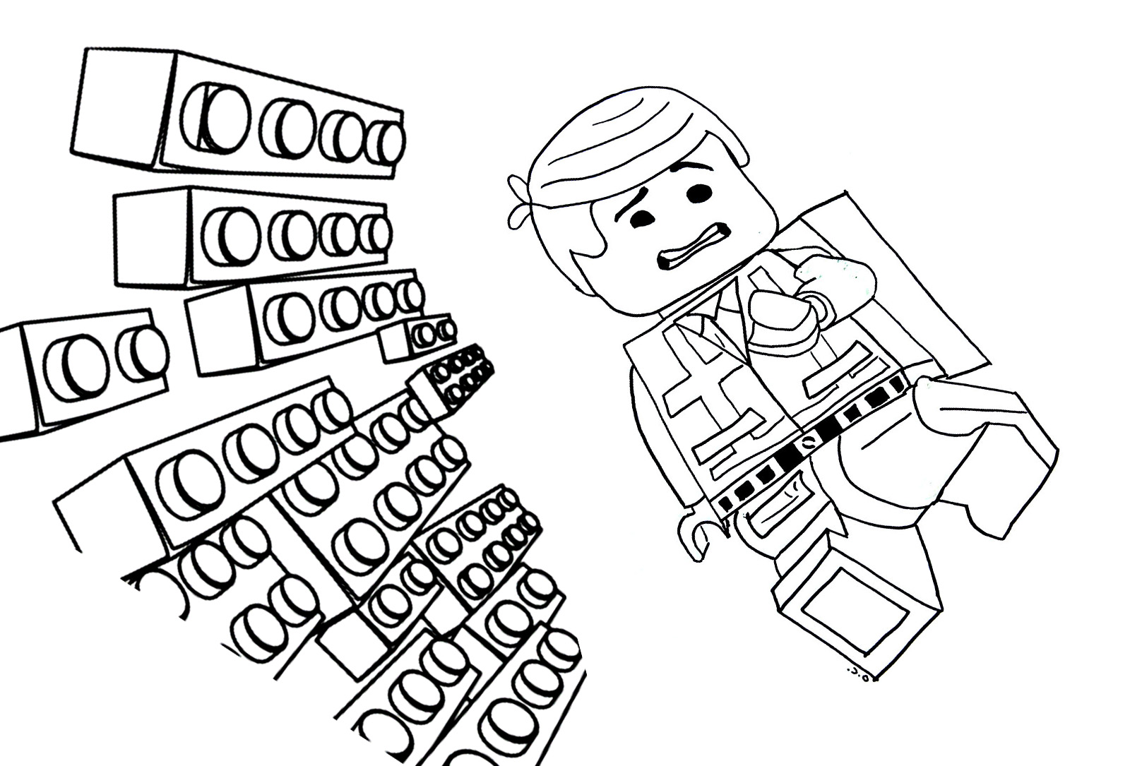 Dessin d'Emmet le héros de LEGO MOVIE avec des briques arrivant sur lui