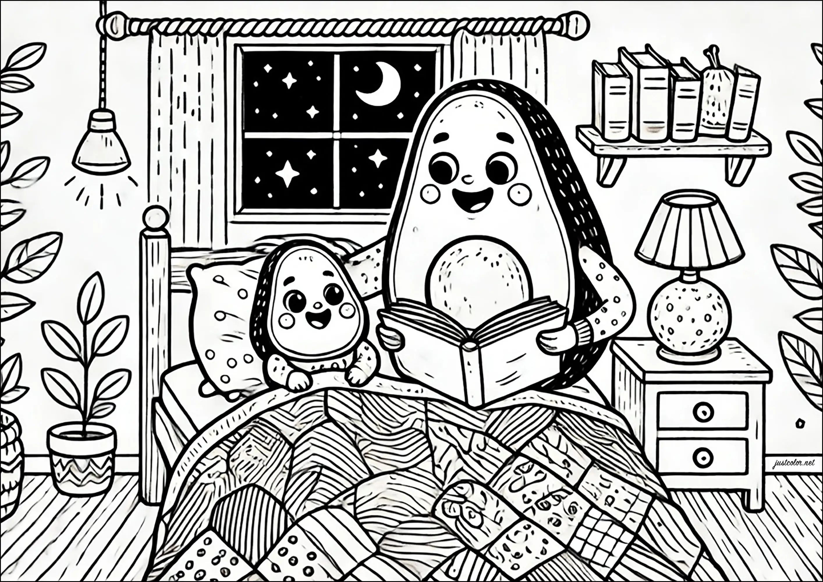 Avocat lisant une histoire avant que son enfant s'endorme (Coloriage à imprimer pour enfants)