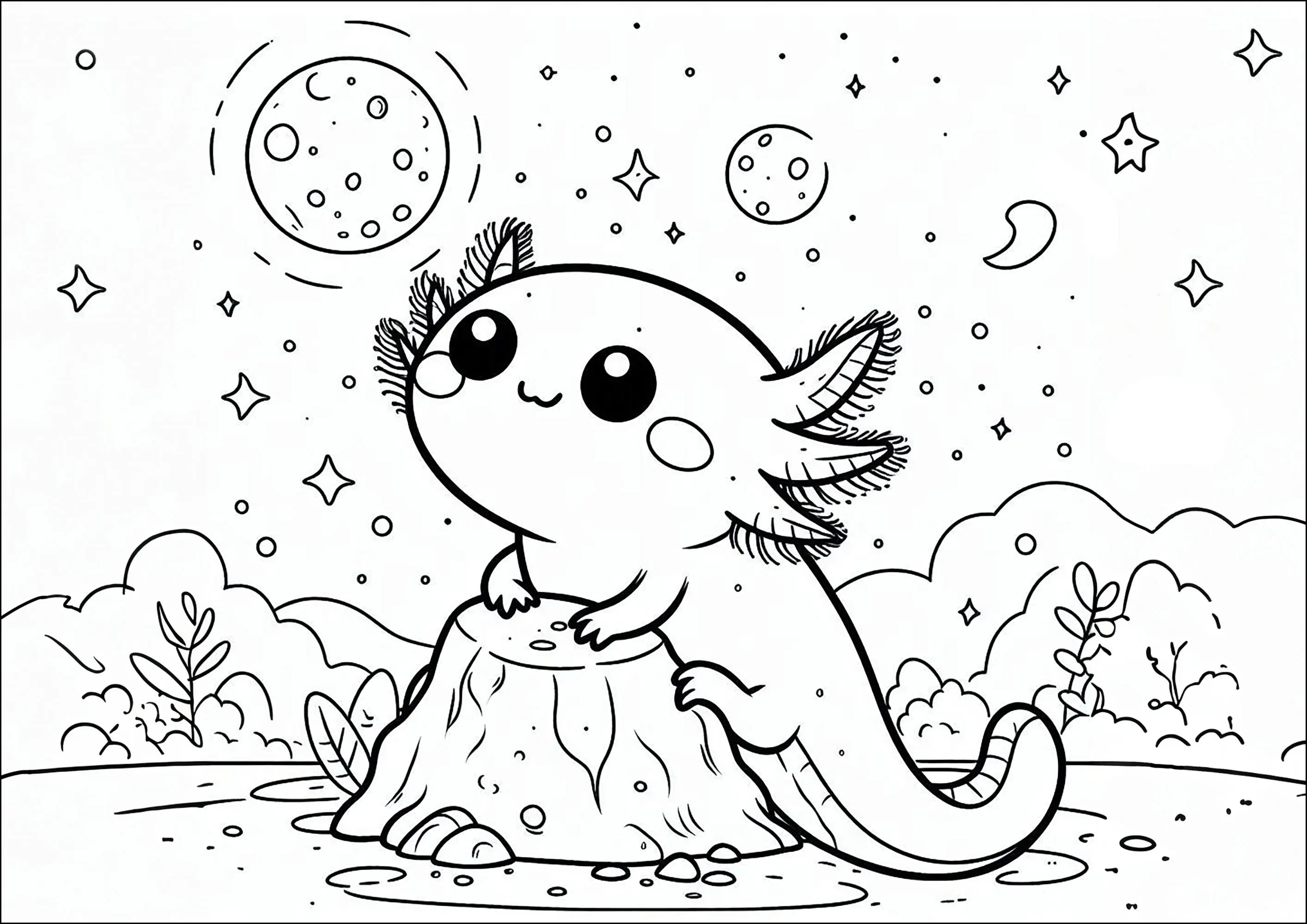 Axoloti admirant le ciel nocturne et la lune (Coloriage d'Axolotl à imprimer pour enfants)