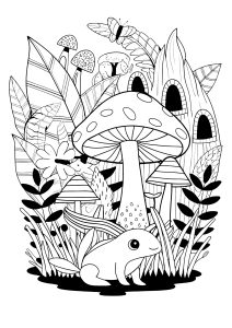 Coloriage d'Axolotl à imprimer pour enfants : Axoloti avec champignons et jolie végétation