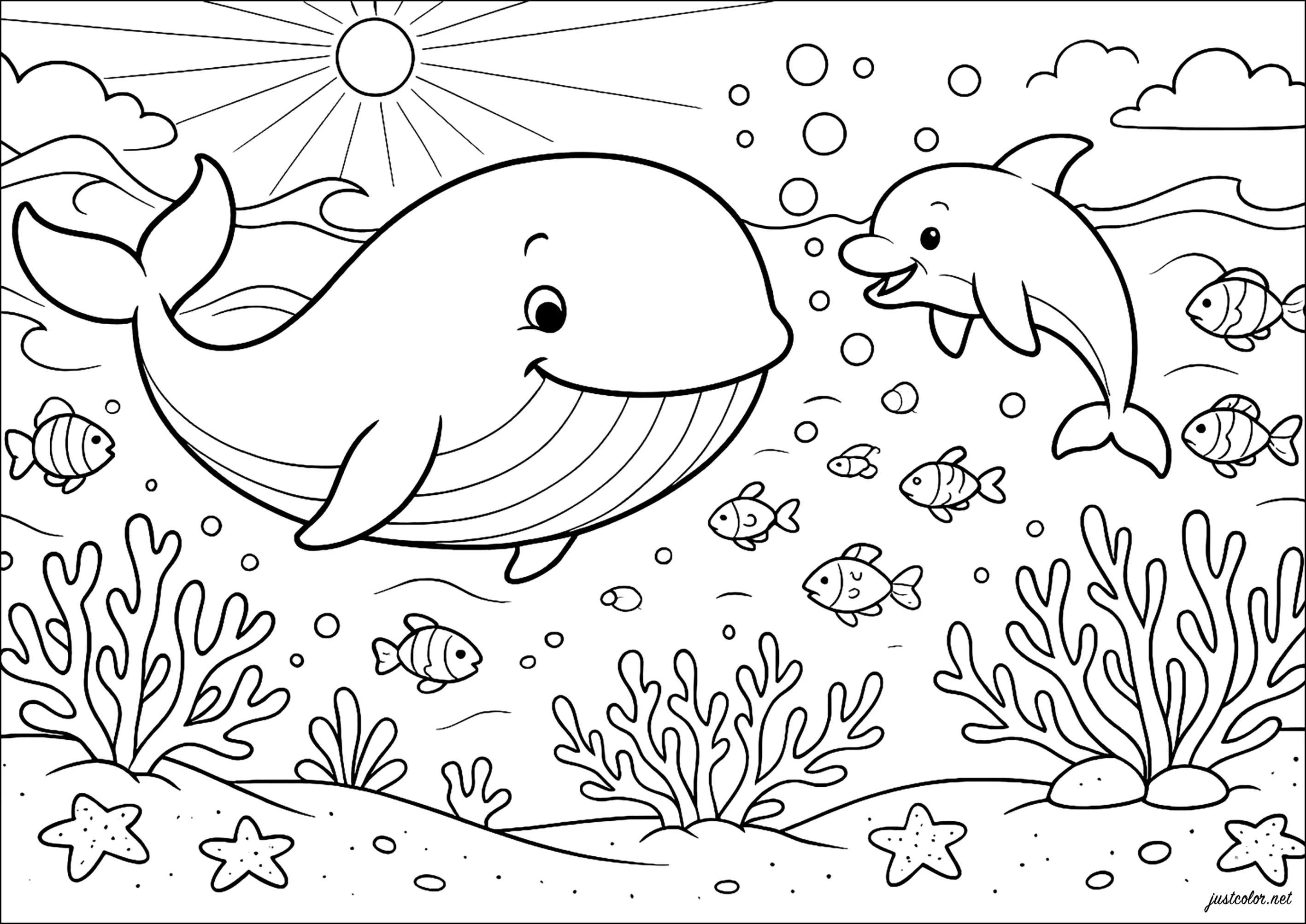 Rencontre entre une baleine et un dauphin (Coloriage à imprimer pour enfants)