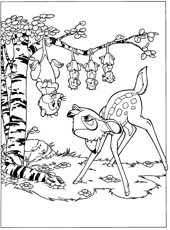 Bambi et ses amis suspendus à un arbre (Coloriage à imprimer pour enfants)