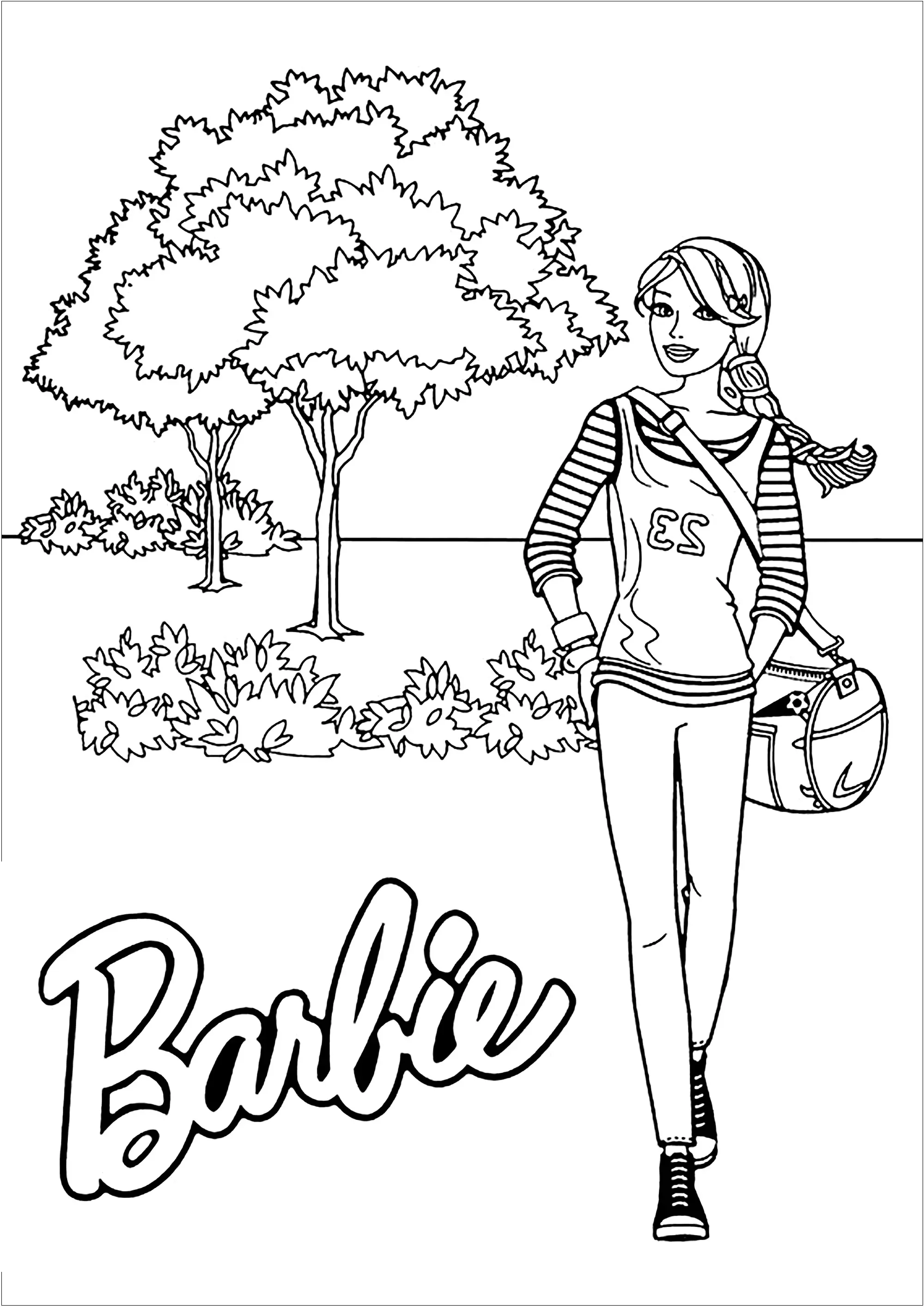 Barbie qui se promène dans la forêt (Coloriage à imprimer pour enfants)