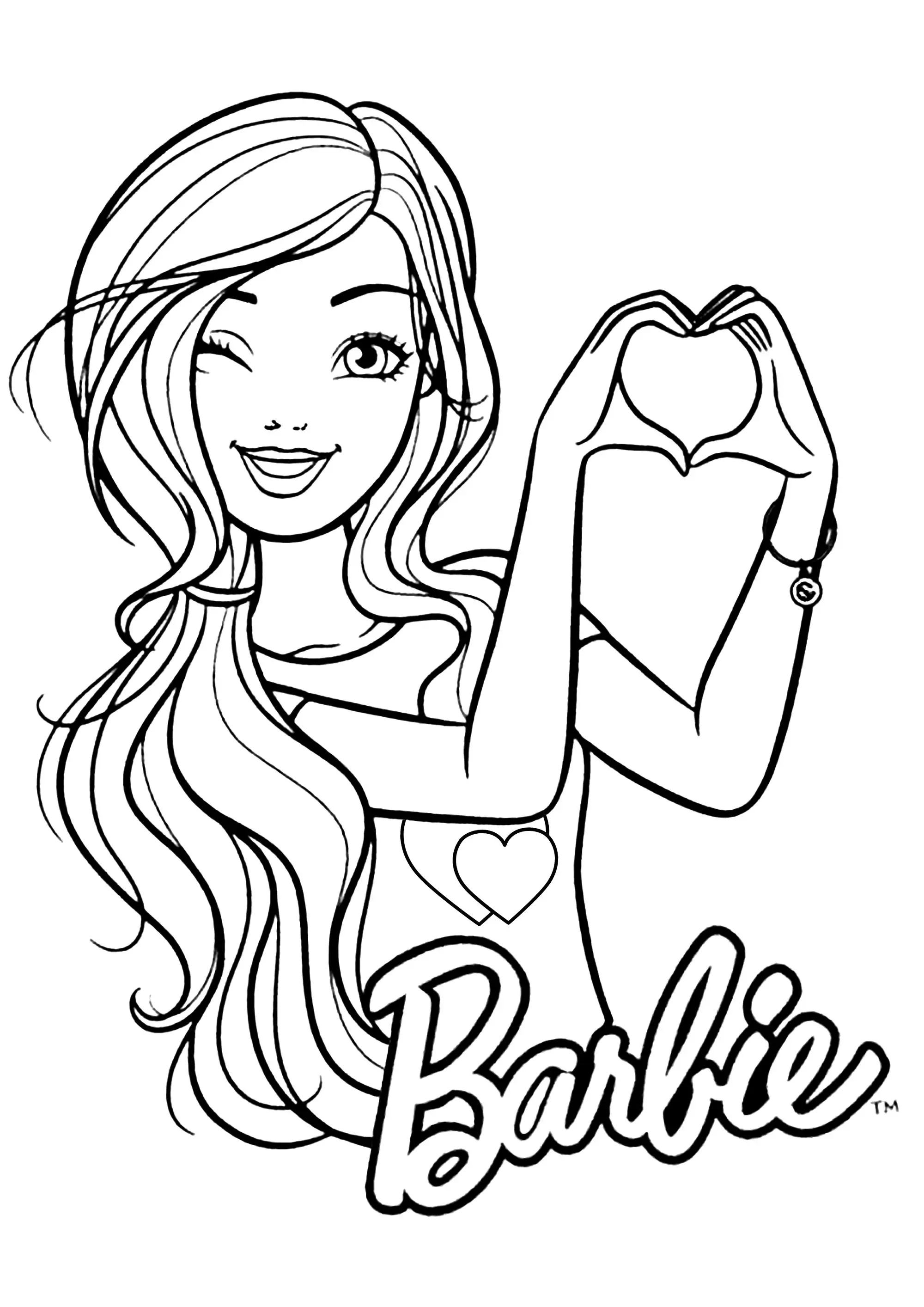 Barbie faisant un symbole de coeur avec les mains (Coloriage à imprimer pour enfants)