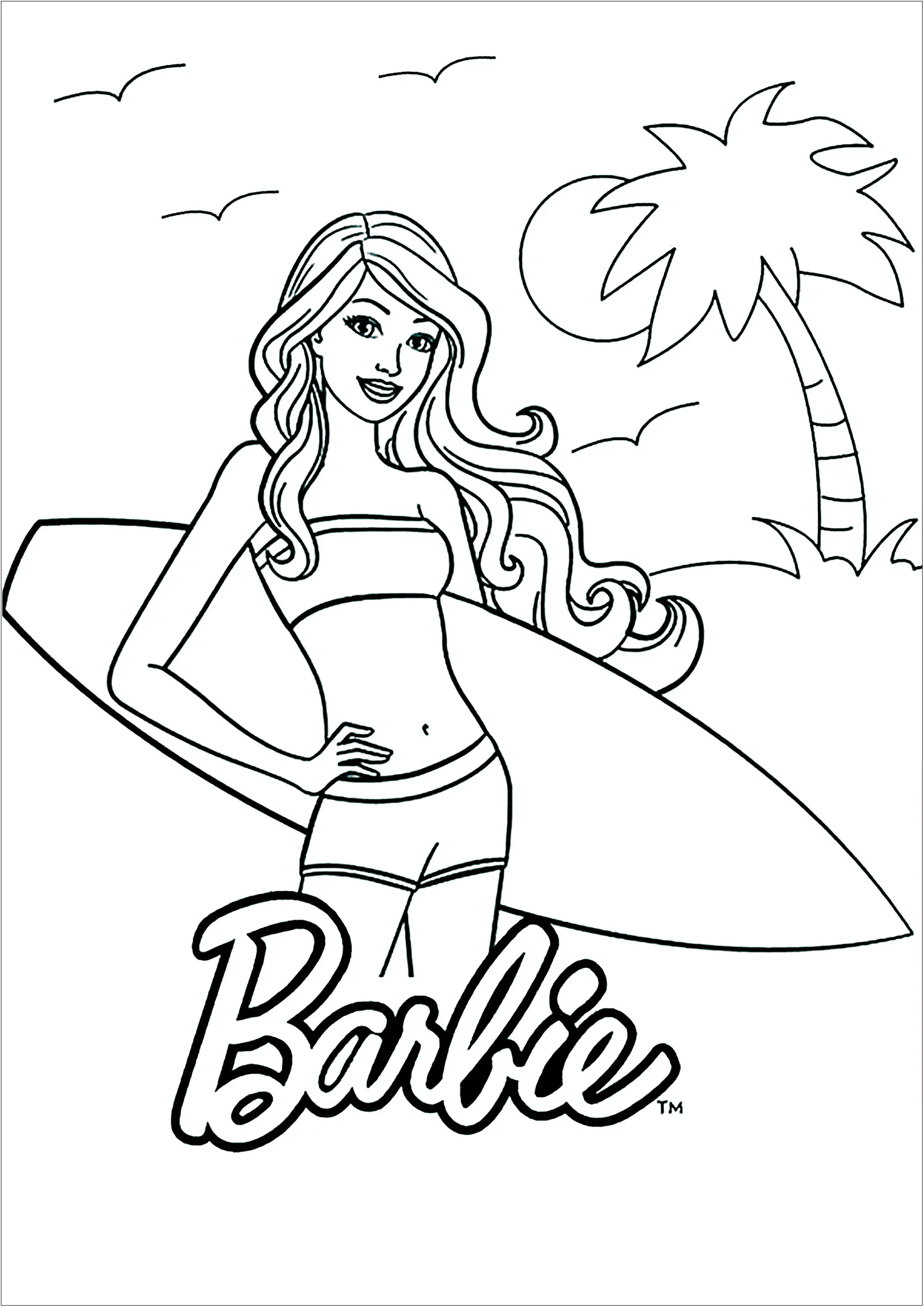 Barbie prêt à surfer sur une jolie plage (Coloriage à imprimer pour enfants)