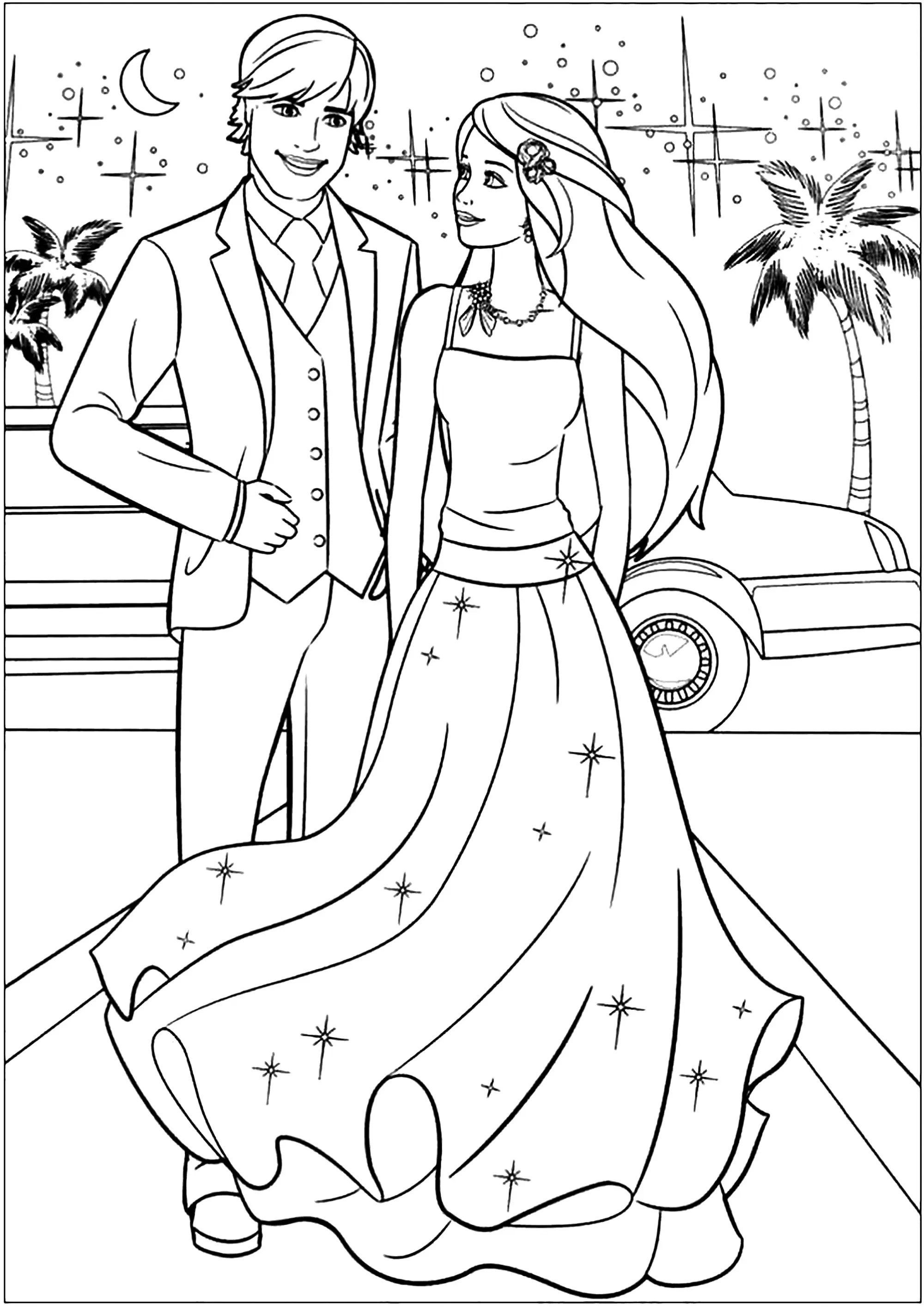 Barbie en robe et Ken en costume (Coloriage à imprimer pour enfants)