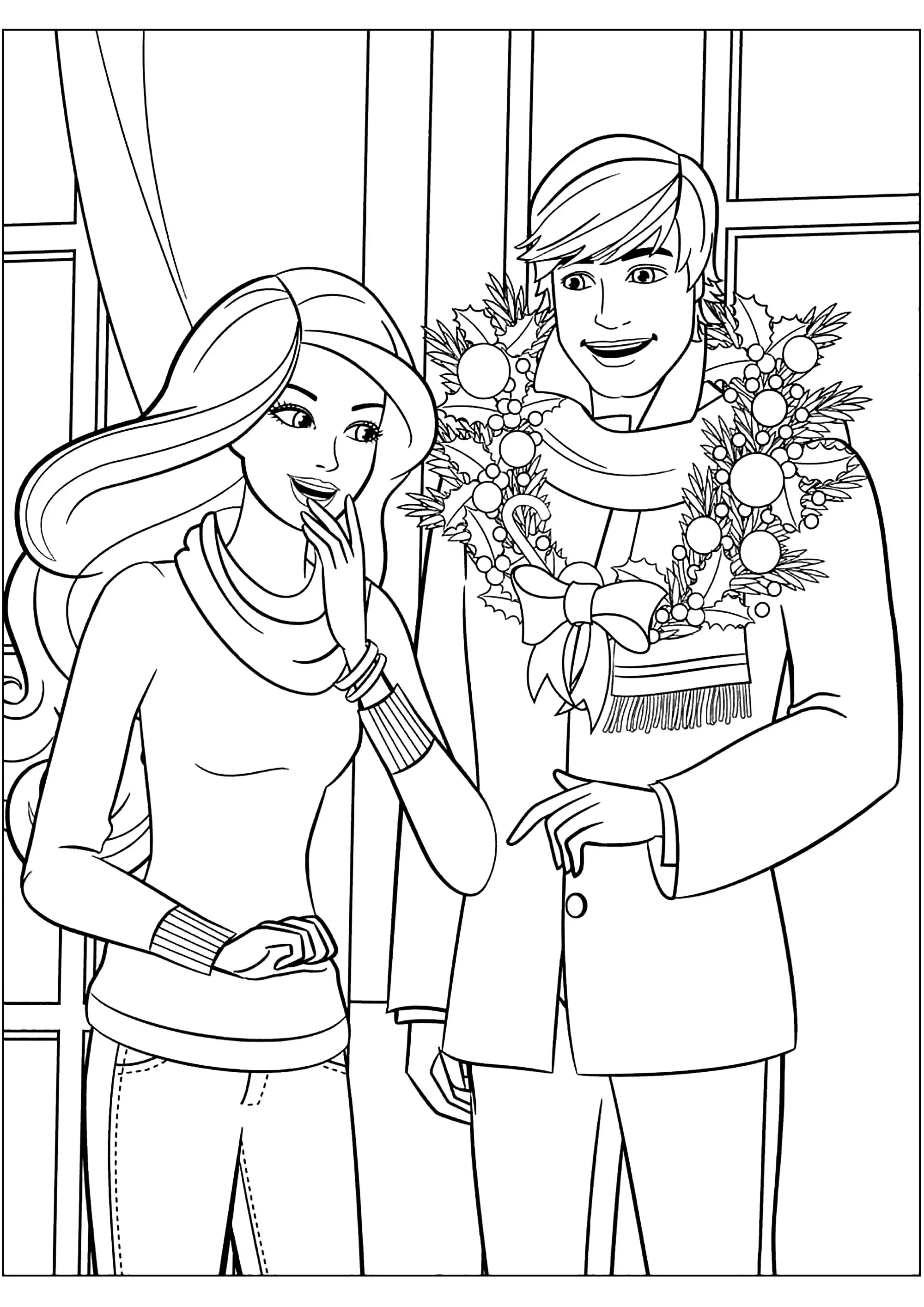 Barbie et Ken à Noël (Coloriage à imprimer pour enfants)