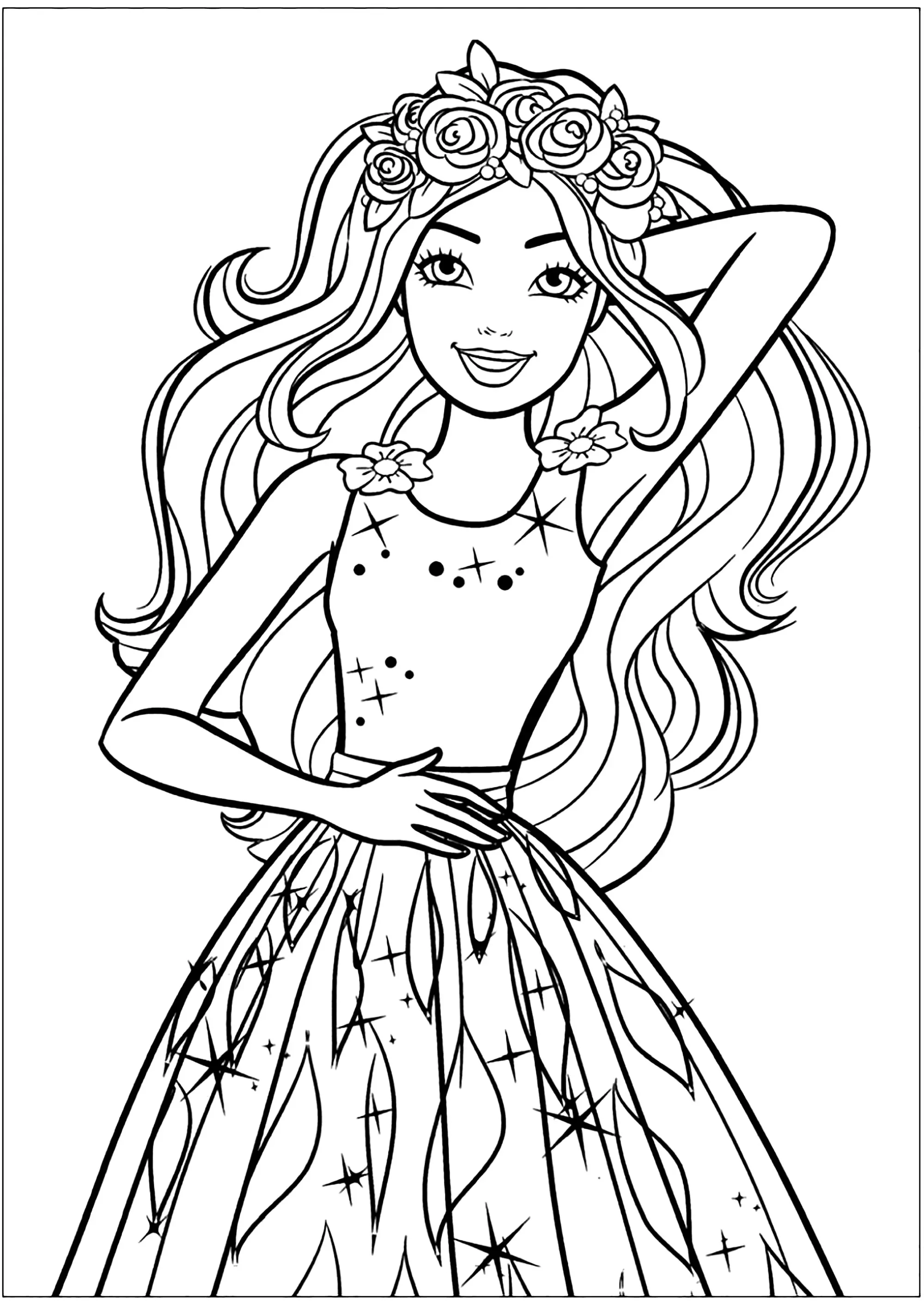 Barbie avec une jolie robe (Coloriage à imprimer pour enfants)