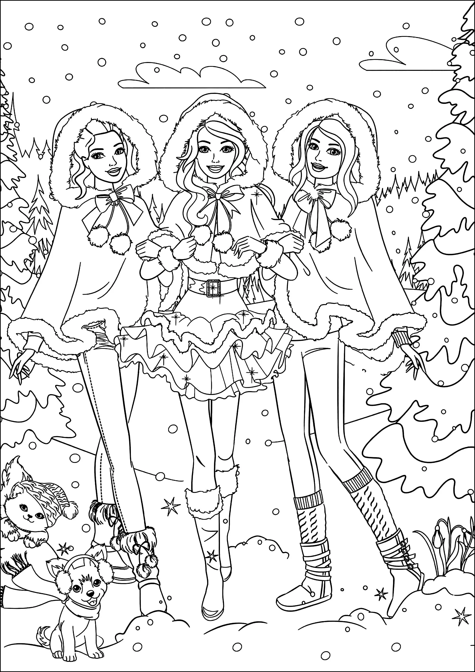 Trois Barbie habillées prêtes pour Noël (Coloriage à imprimer pour enfants)
