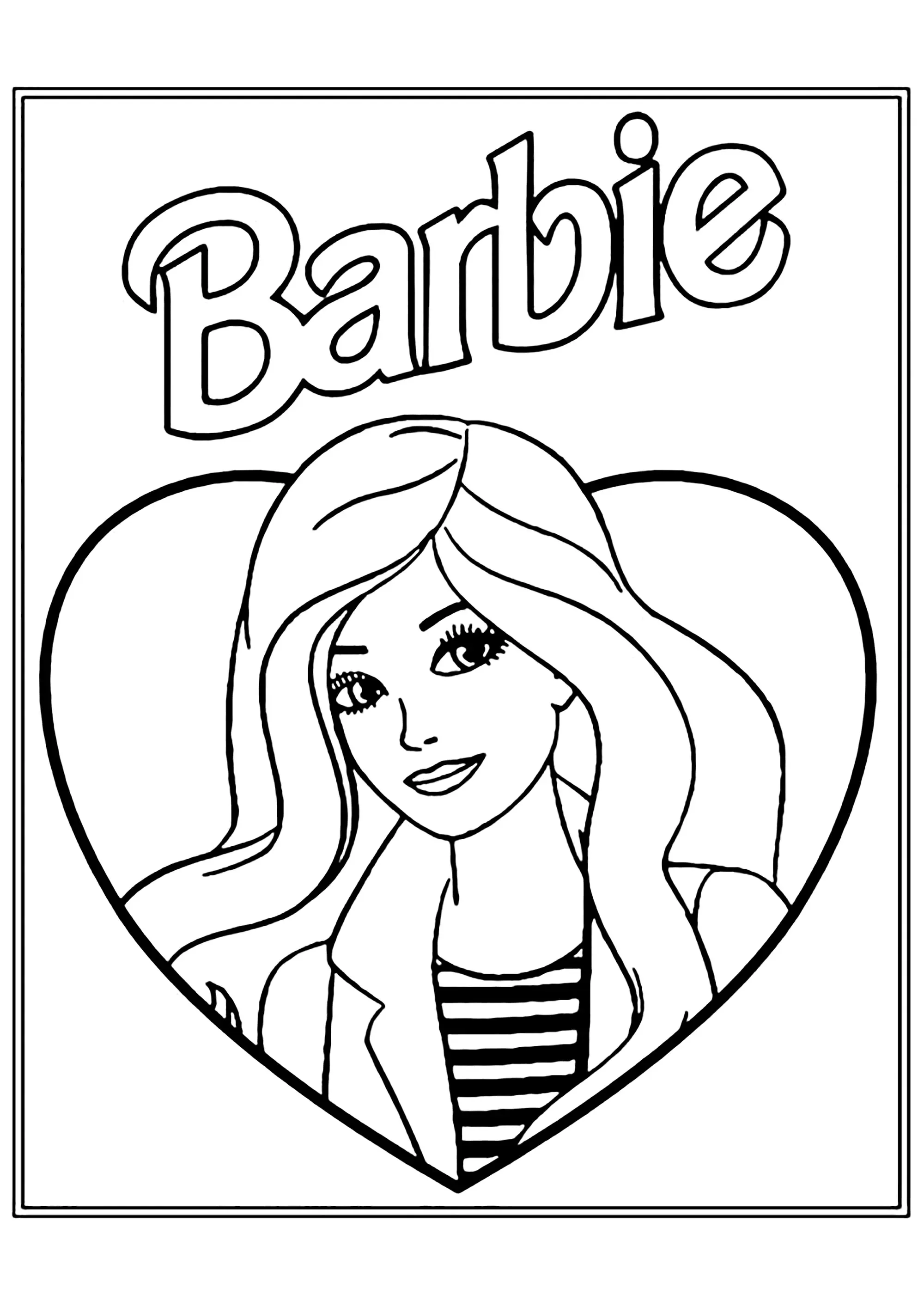 Barbie au centre d'un joli coeur (Coloriage à imprimer pour enfants)