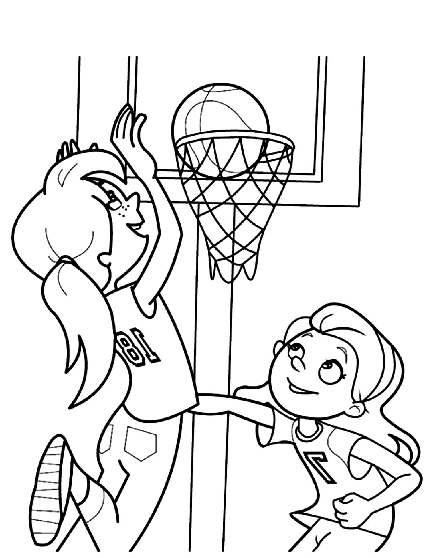 Girls Playing Basketball Coloring Page - Letscolorit.com