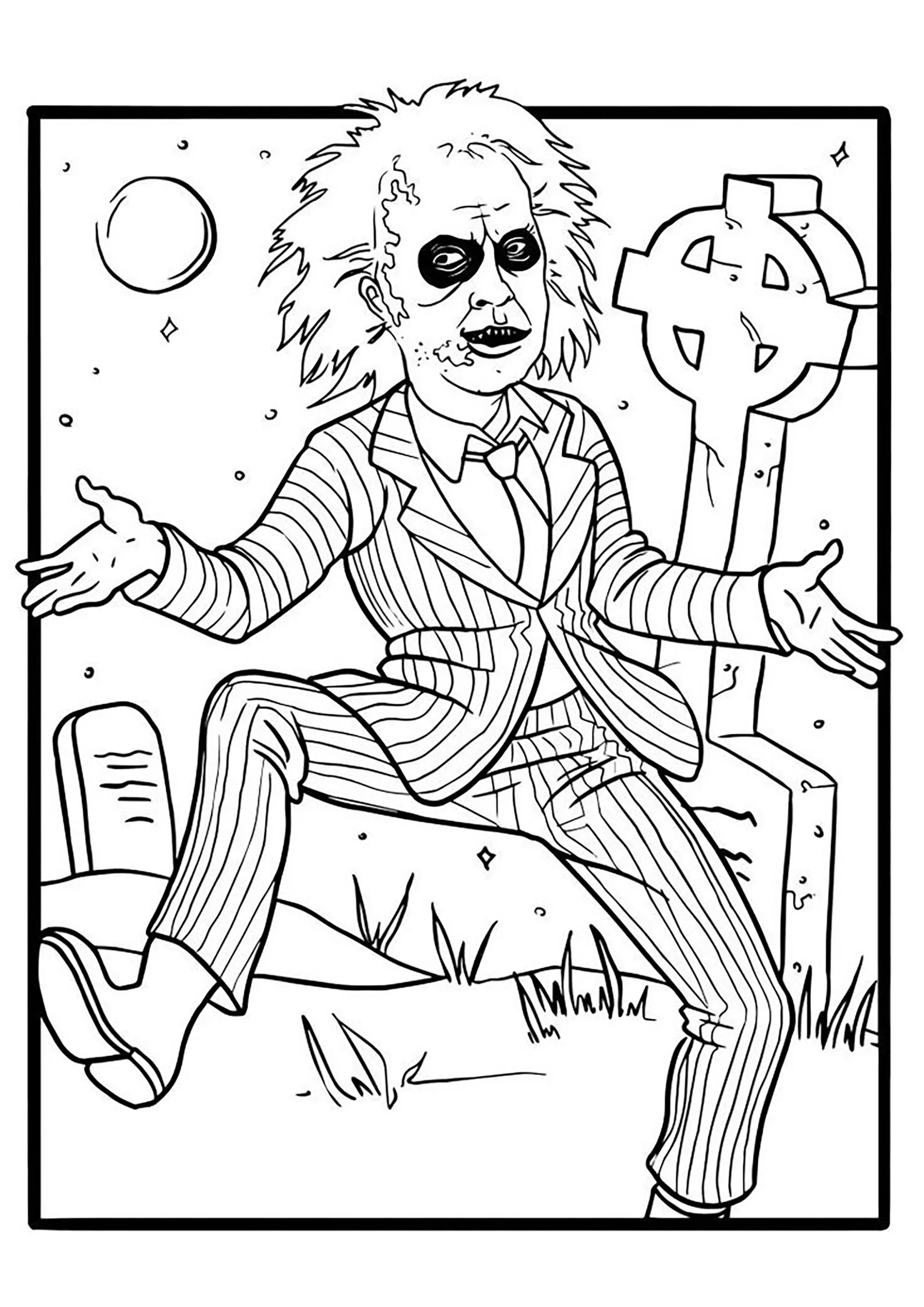 Beetlejuice dans un cimetière (Coloriage à imprimer pour enfants)