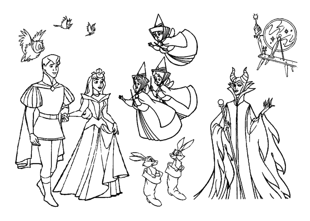 Tous les personnages réunis : Aurore, le prince, les fées marraines, et la méchante sorcière !