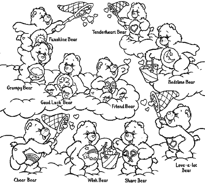 Plusieurs personnages des Bisounours à colorier