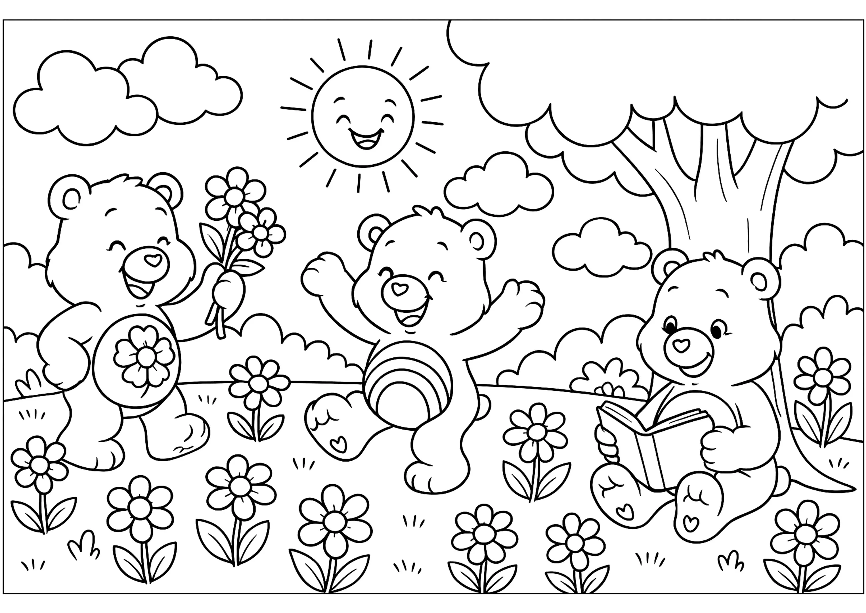Journée ensoleillée pour les Bisounours (Coloriage à imprimer pour enfants)
