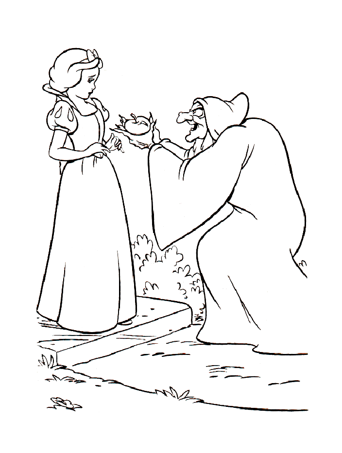 Coloriage de Blanche Neige avec la sorcière... qui lui offre sa pomme !