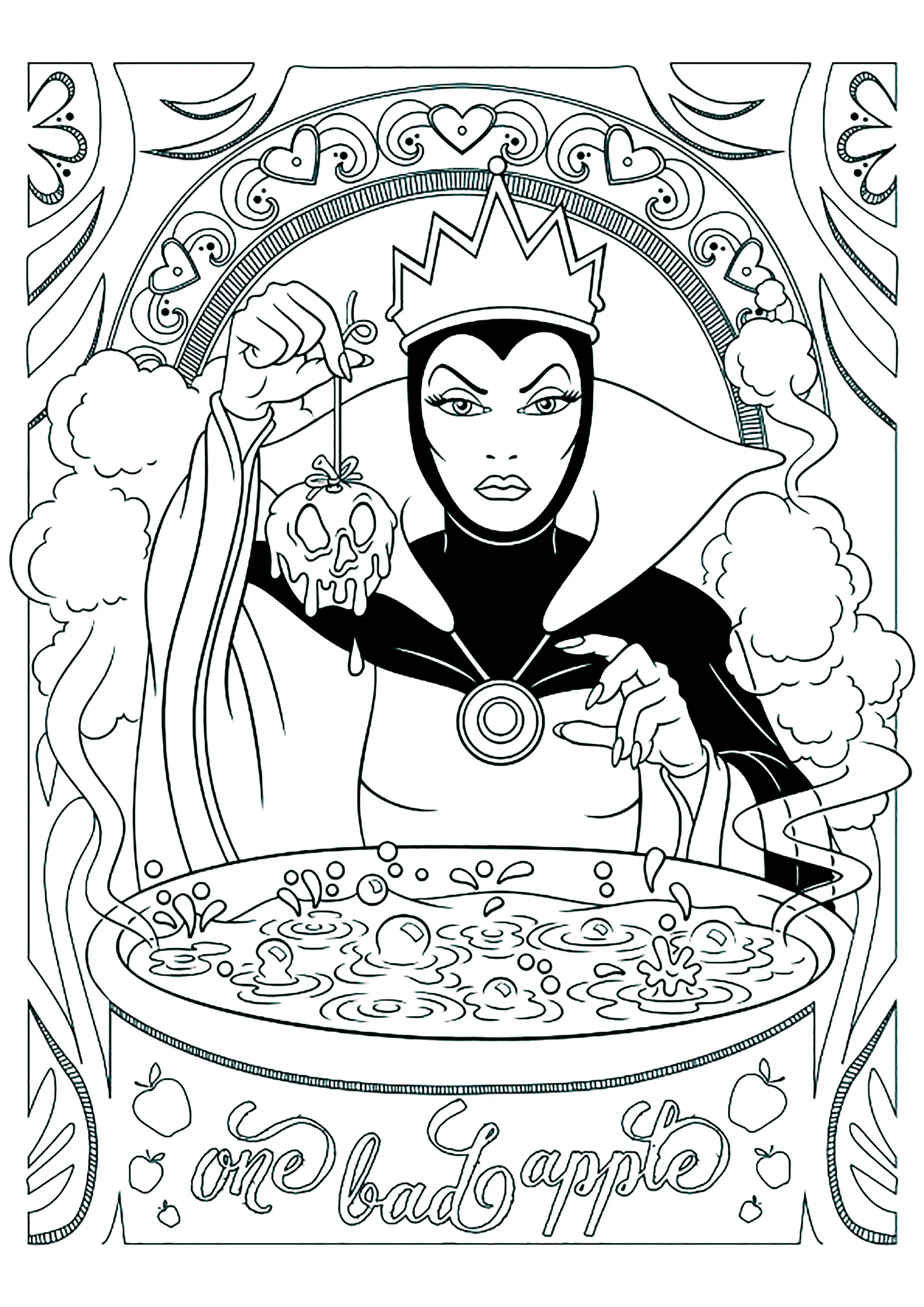 La méchante reine de Blanche Neige prépare une pomme empoisonnée (Coloriage de Blanche-Neige et les Sept Nains à imprimer pour enfants)