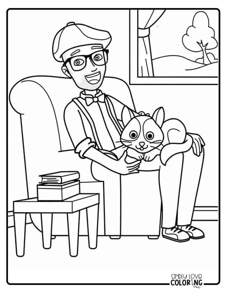 Blippi et son adorable chat (Coloriage à imprimer pour enfants)