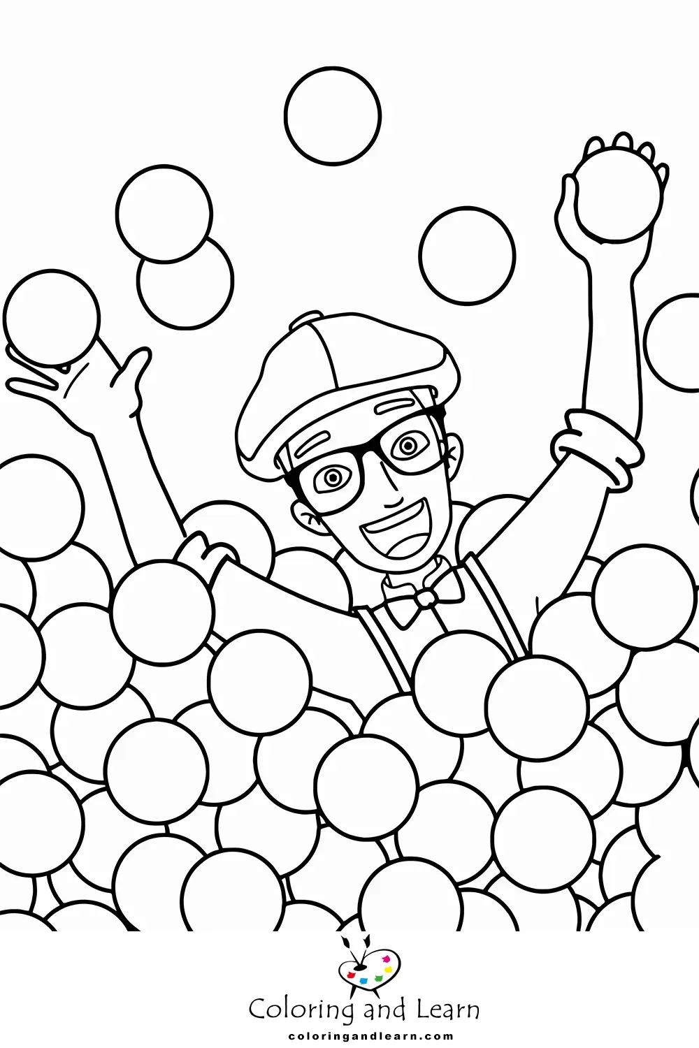 Blippi dans une piscine à boules (Coloriage à imprimer pour enfants)