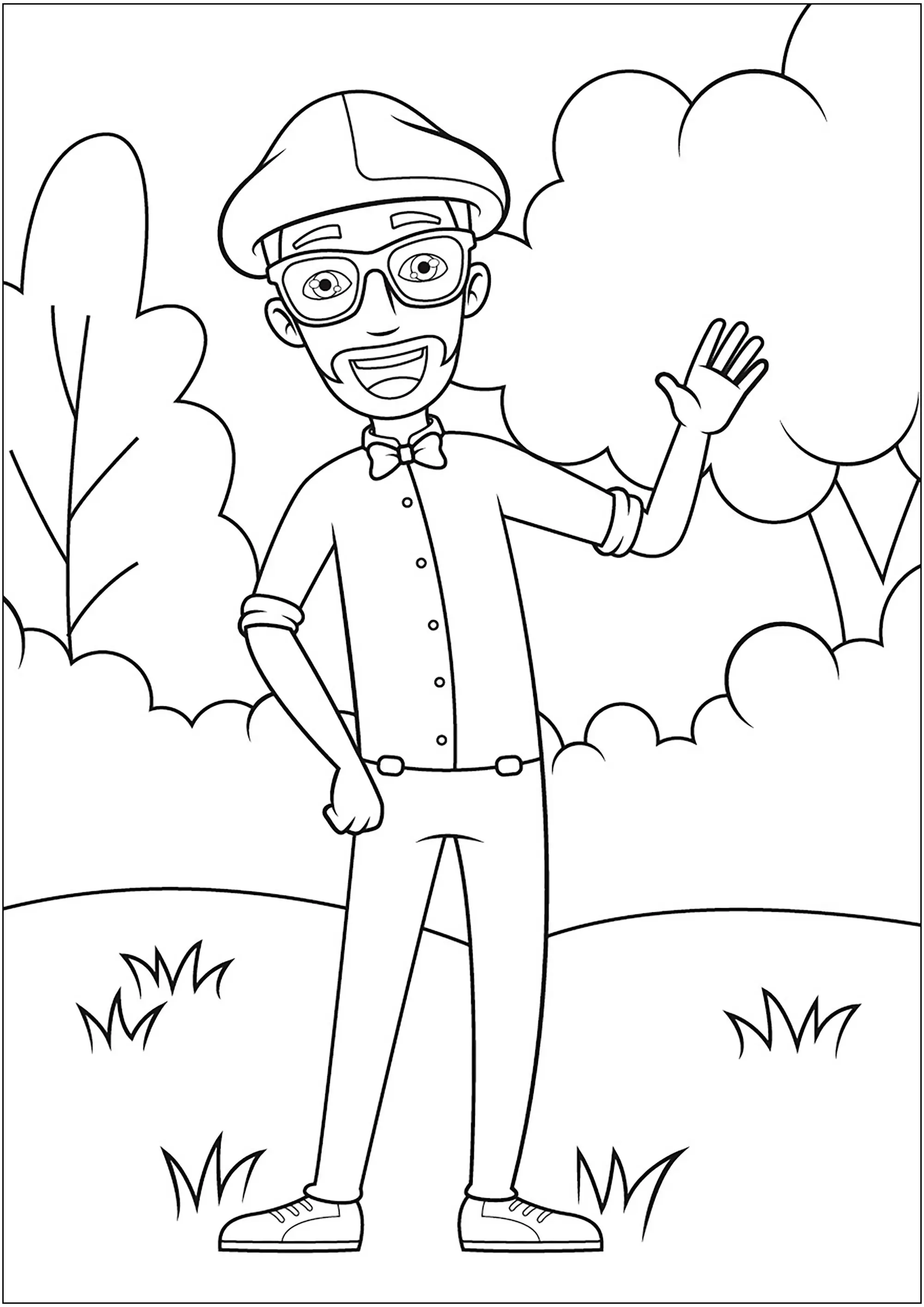 Blippi dans le jardin (Coloriage à imprimer pour enfants)