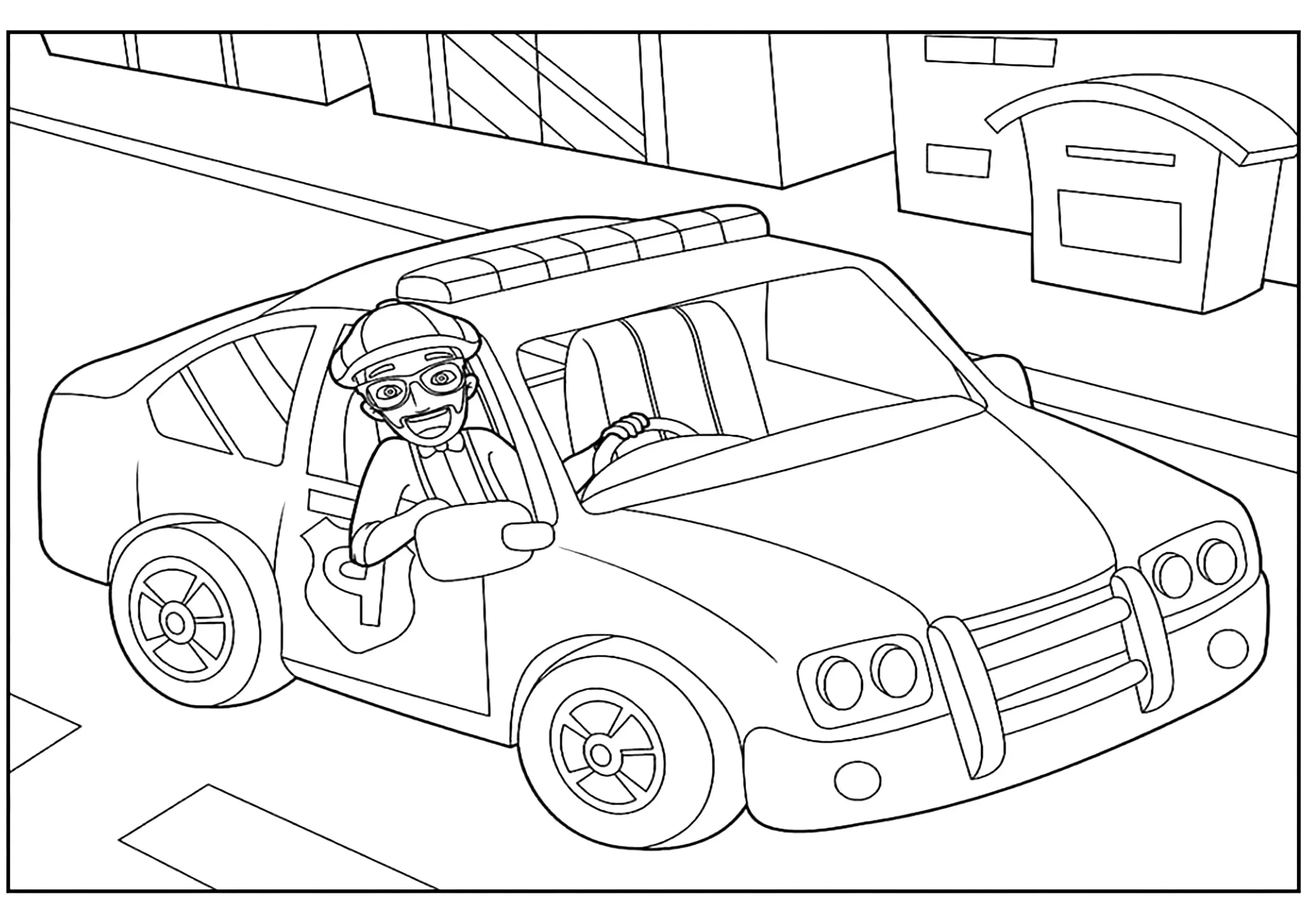 Blippi en voiture (Coloriage à imprimer pour enfants)