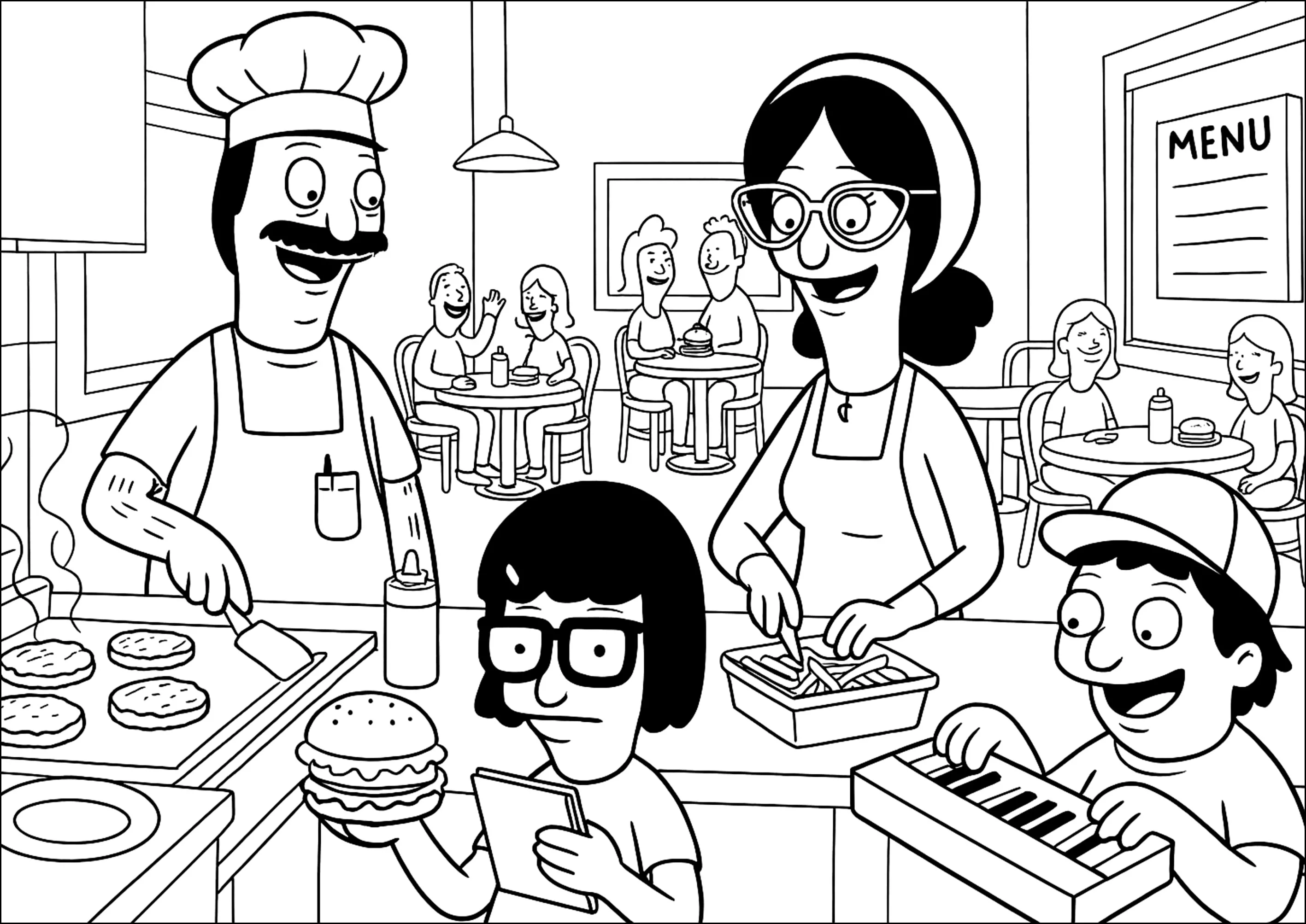 La Famille Belcher en Cuisine (Coloriage de Bobs Burgers à imprimer pour enfants)