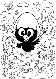 Rencontre amicale dans la clairière (Coloriage de Calimero)