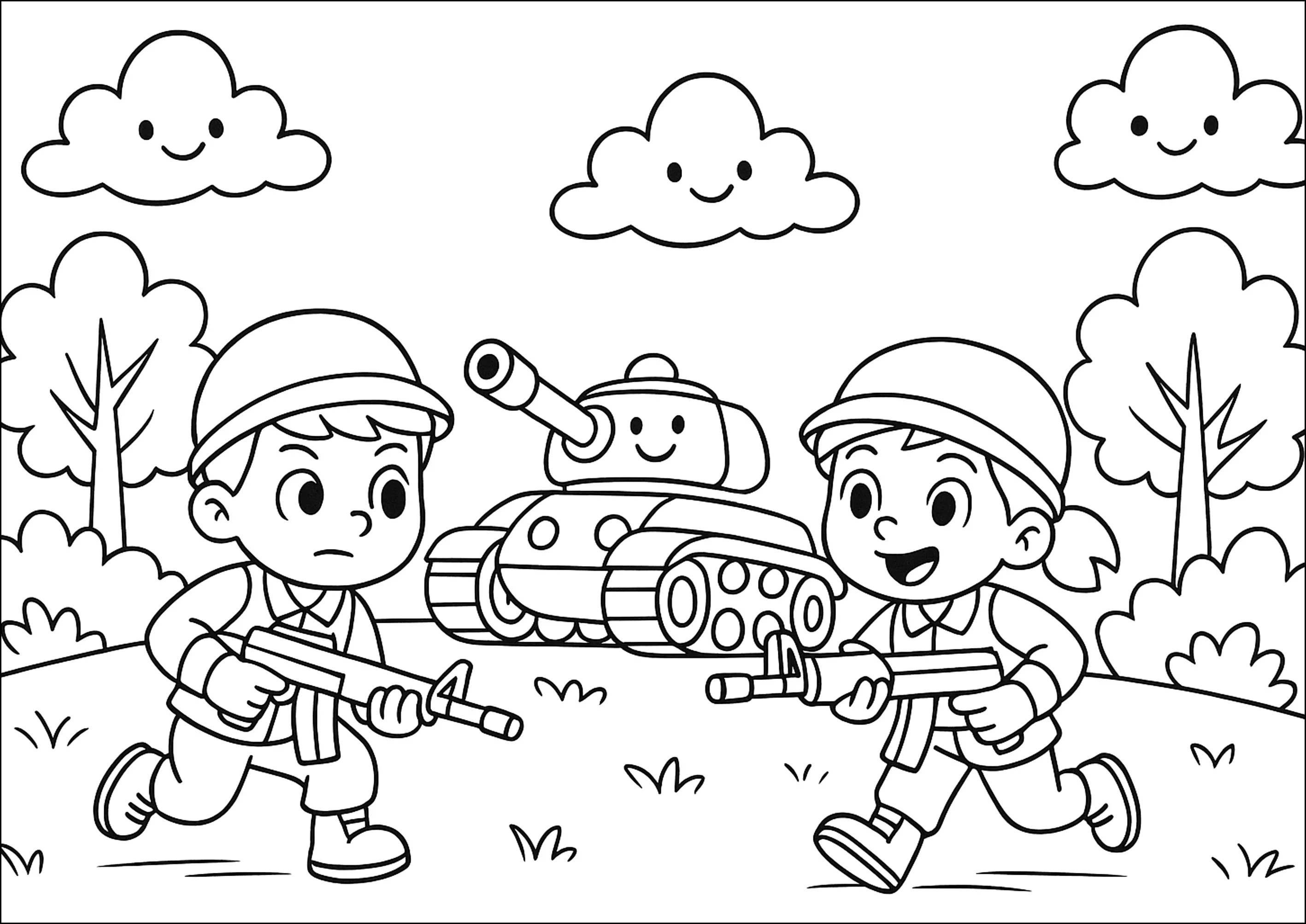 Enfants jouant à Call of Duty avec déguisements et faux tank (Coloriage à imprimer pour enfants)