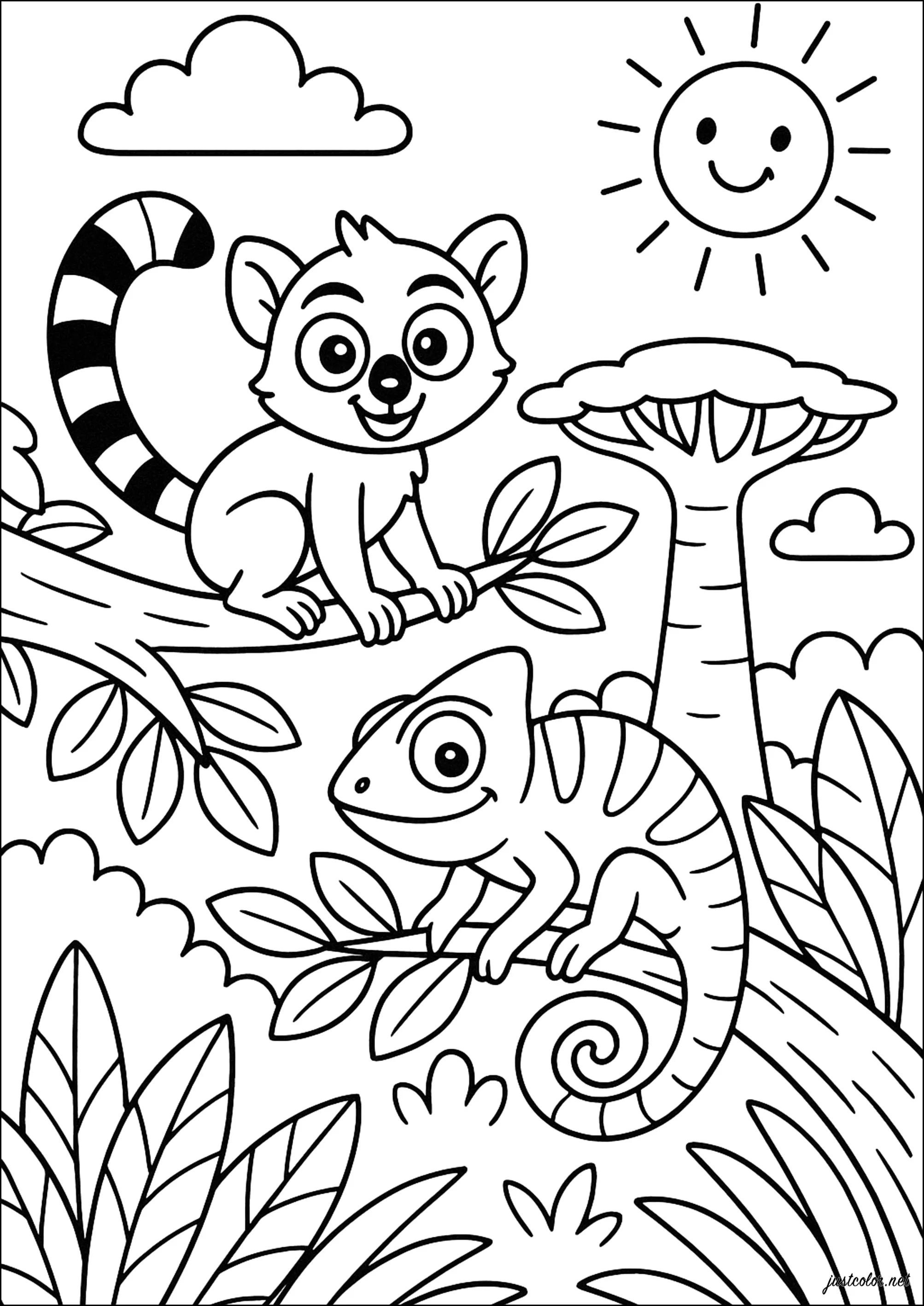 Caméléon et lémurien (Coloriage de Caméléons et lézards à imprimer pour enfants)