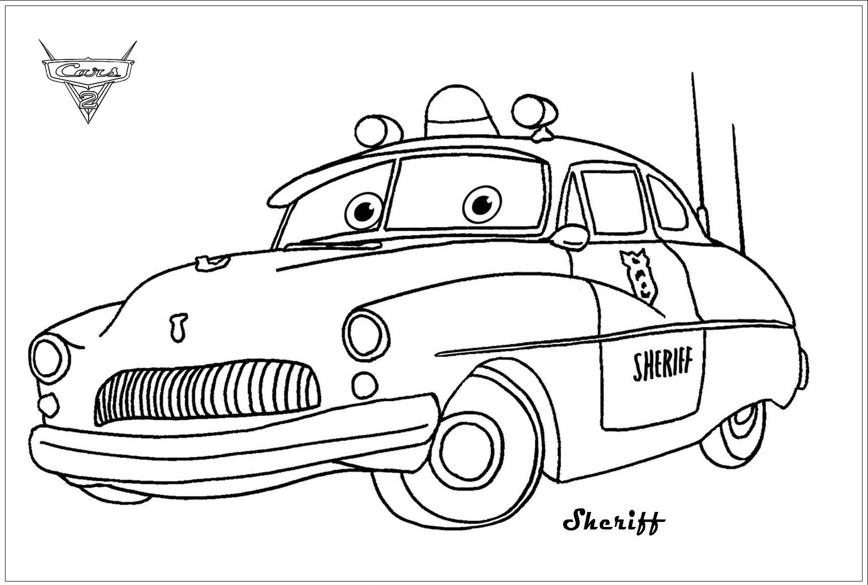 Shériff, belle voiture issue de Cars 2 de Disney / Pixar. Incarnant l’autorité à Radiator Springs, Shériff épingle Flash lors d’un excès de vitesse après une course-poursuite.
