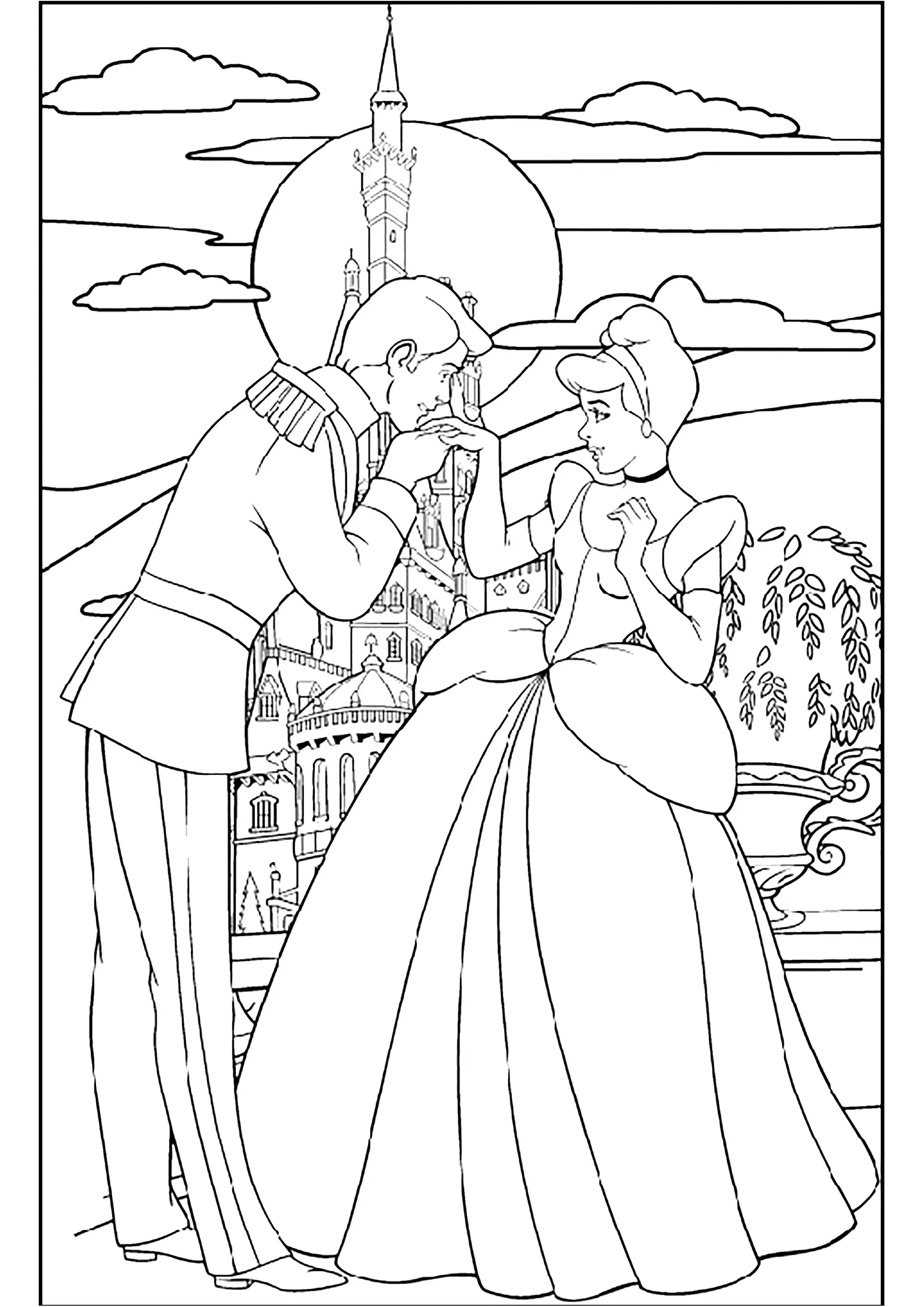 Cendrillon et le Prince, avec le château en arrière-plan (Coloriage à imprimer pour enfants)