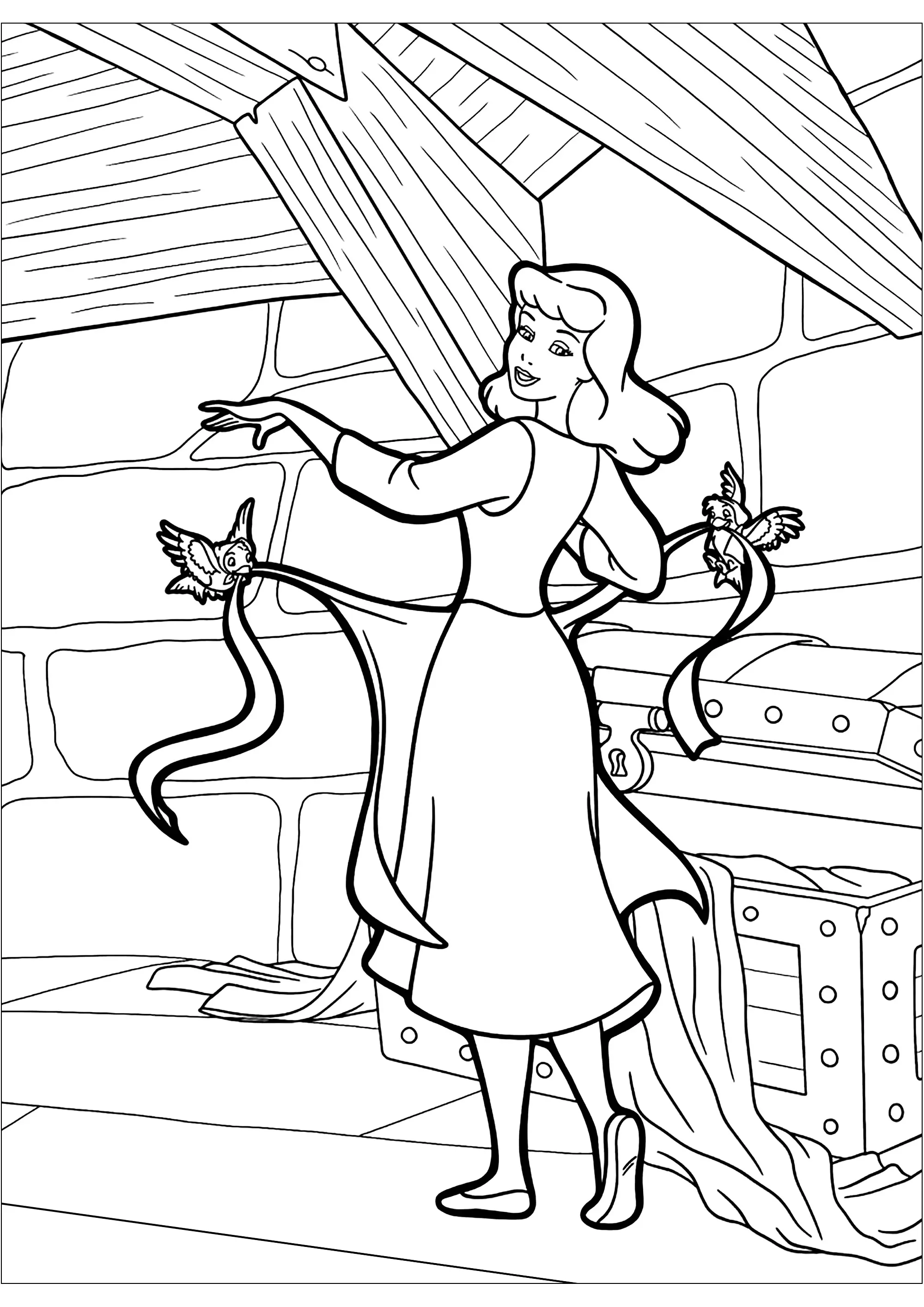 Cendrillon et ses amis les oiseaux (Coloriage à imprimer pour enfants)