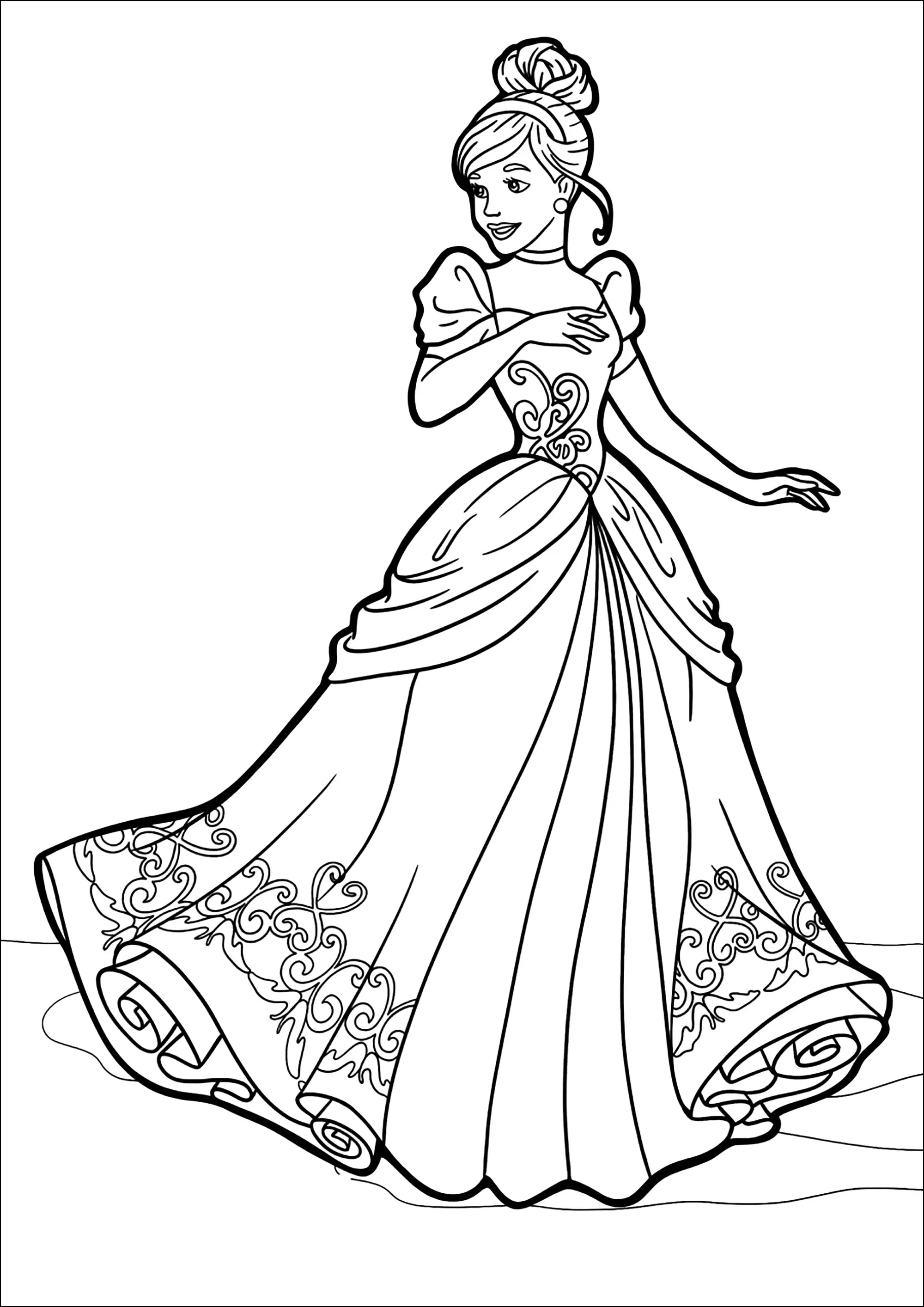 Cendrillon dans une jolie robe (Coloriage à imprimer pour enfants)