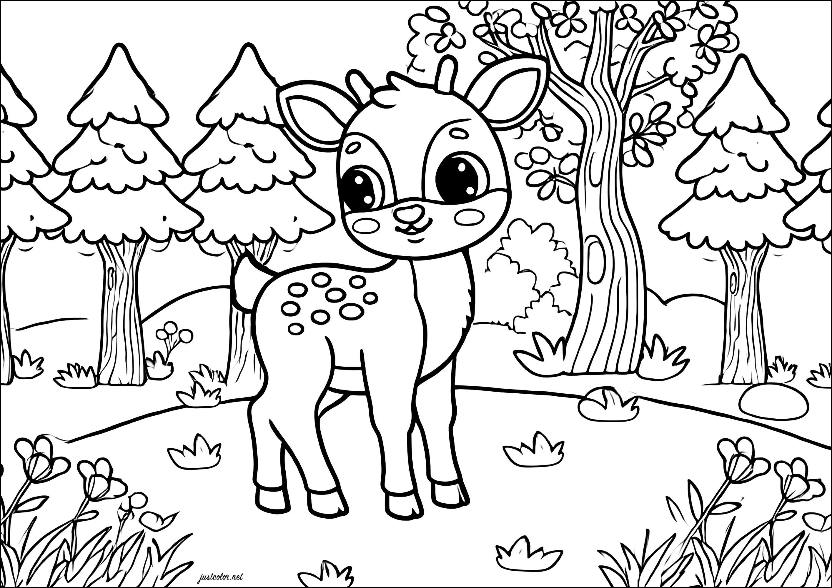 Jeune renne dans la forêt (Coloriage de Cerfs à imprimer pour enfants)