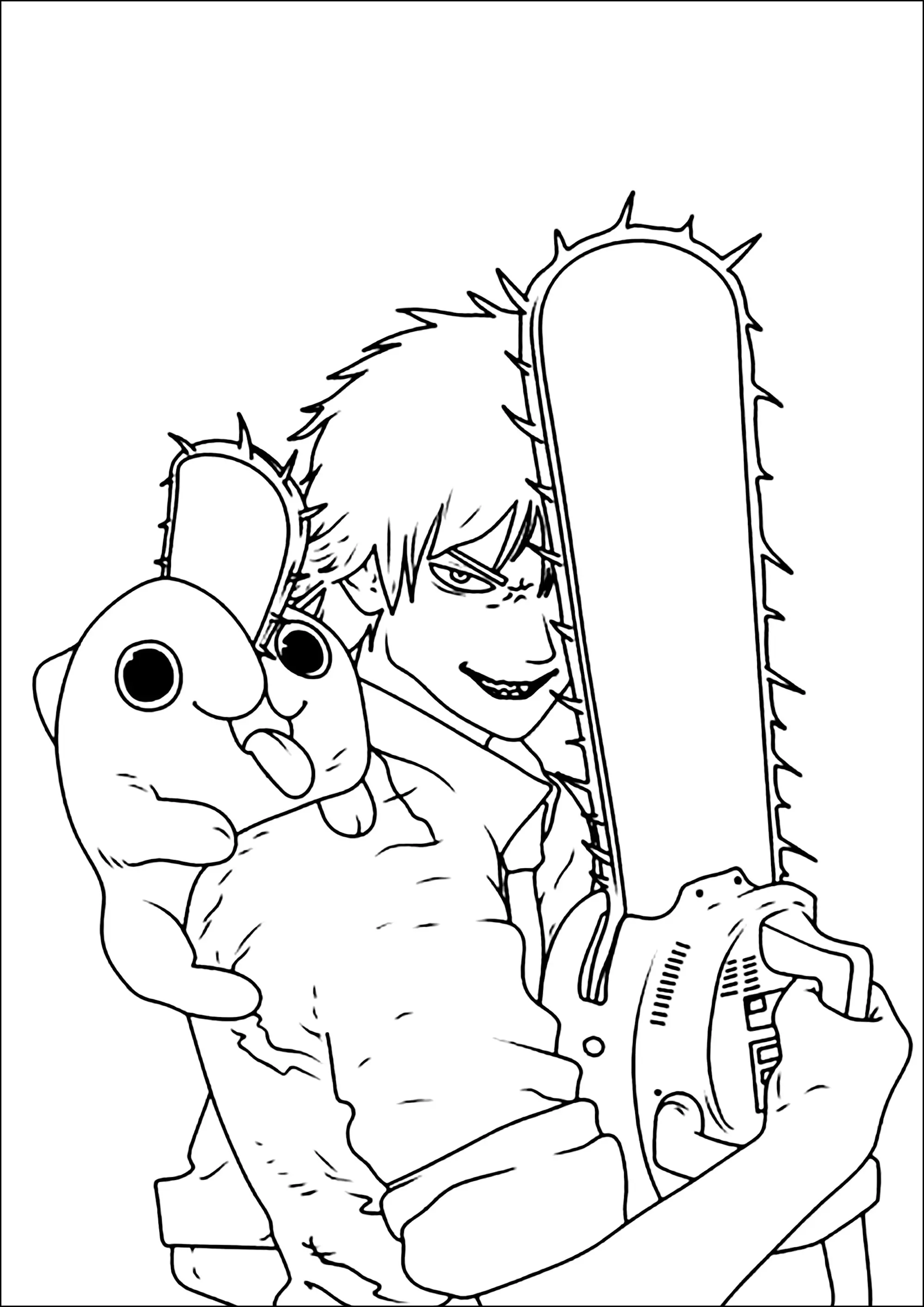 Denji et sa tronçonneuse, avec Pochita (Coloriage de Chainsaw Man à imprimer pour enfants)