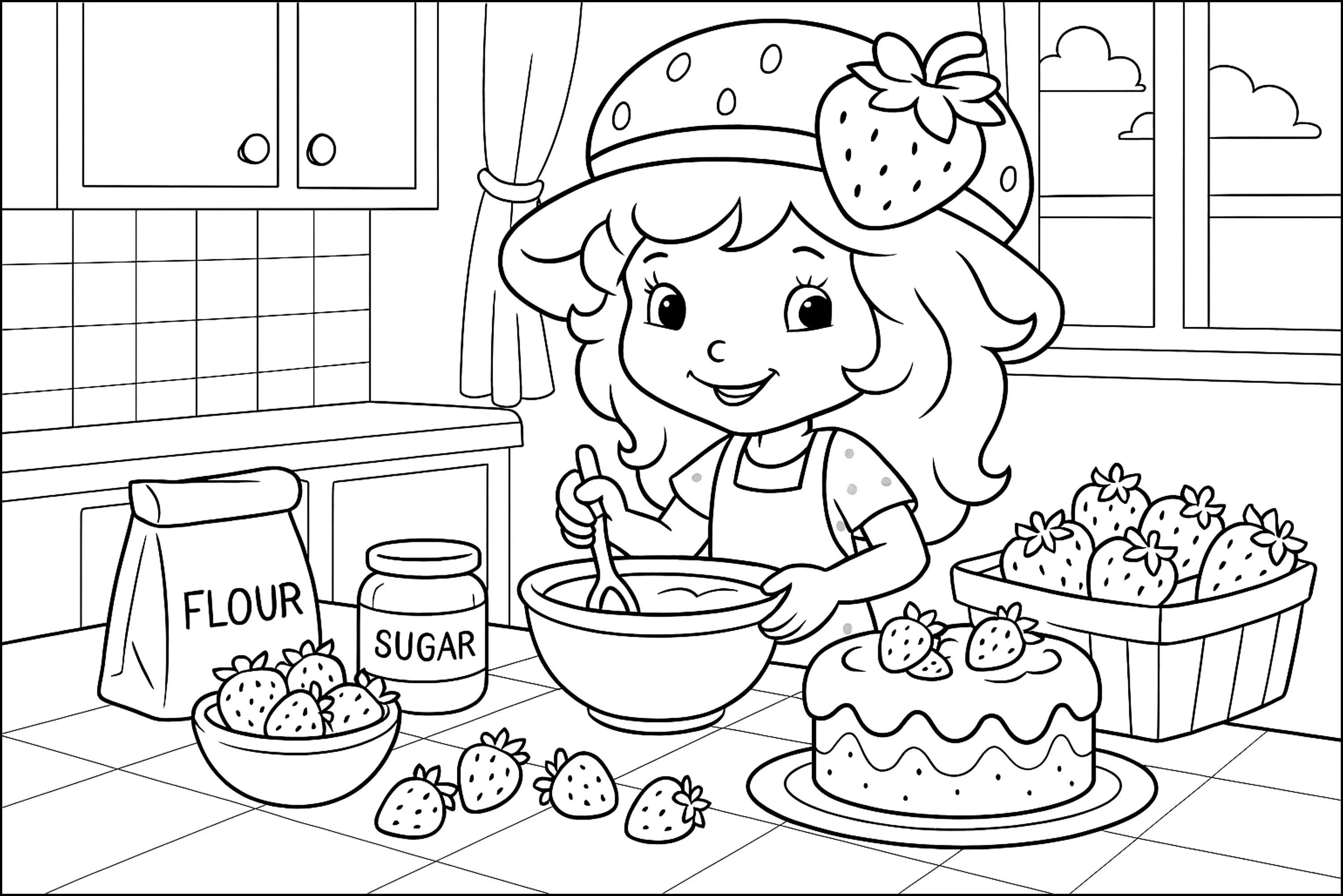 Petite chef pâtissière en cuisine (Coloriage de Charlotte aux fraises à imprimer pour enfants)