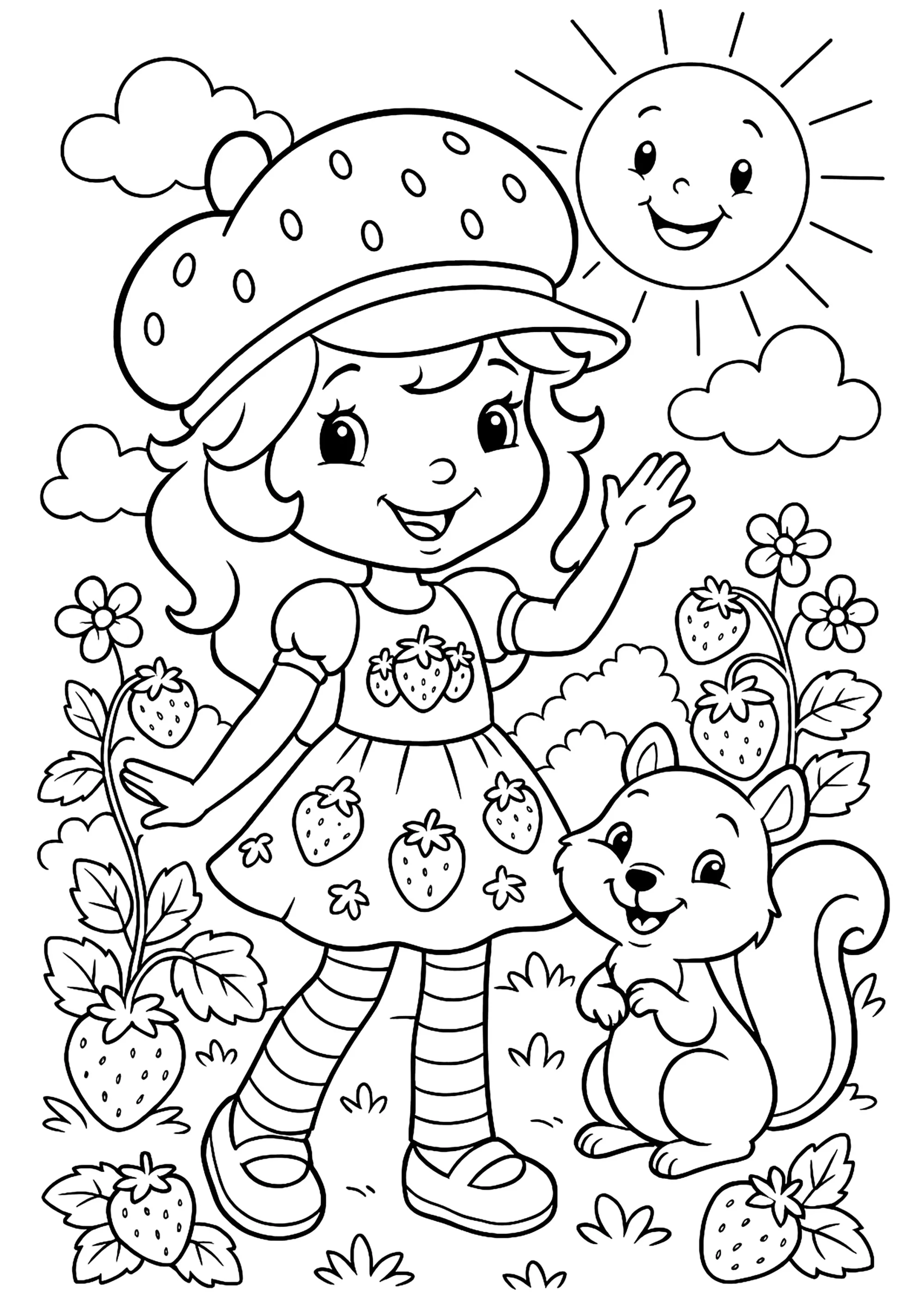 La jeune Charlotte avec un sourire radieux (Coloriage de Charlotte aux fraises à imprimer pour enfants)