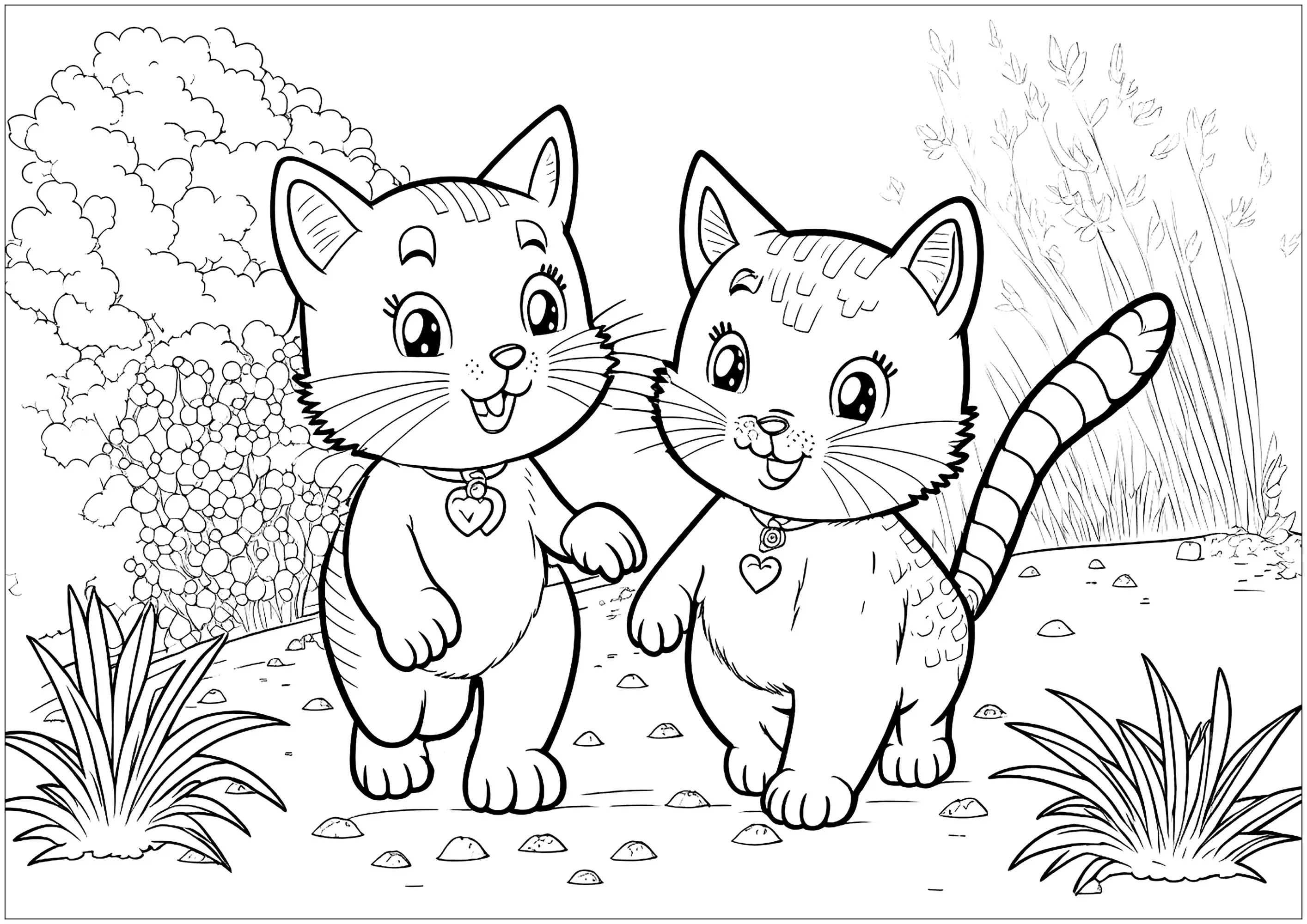 Deux chatons dehors (Coloriage de Chats à imprimer pour enfants)