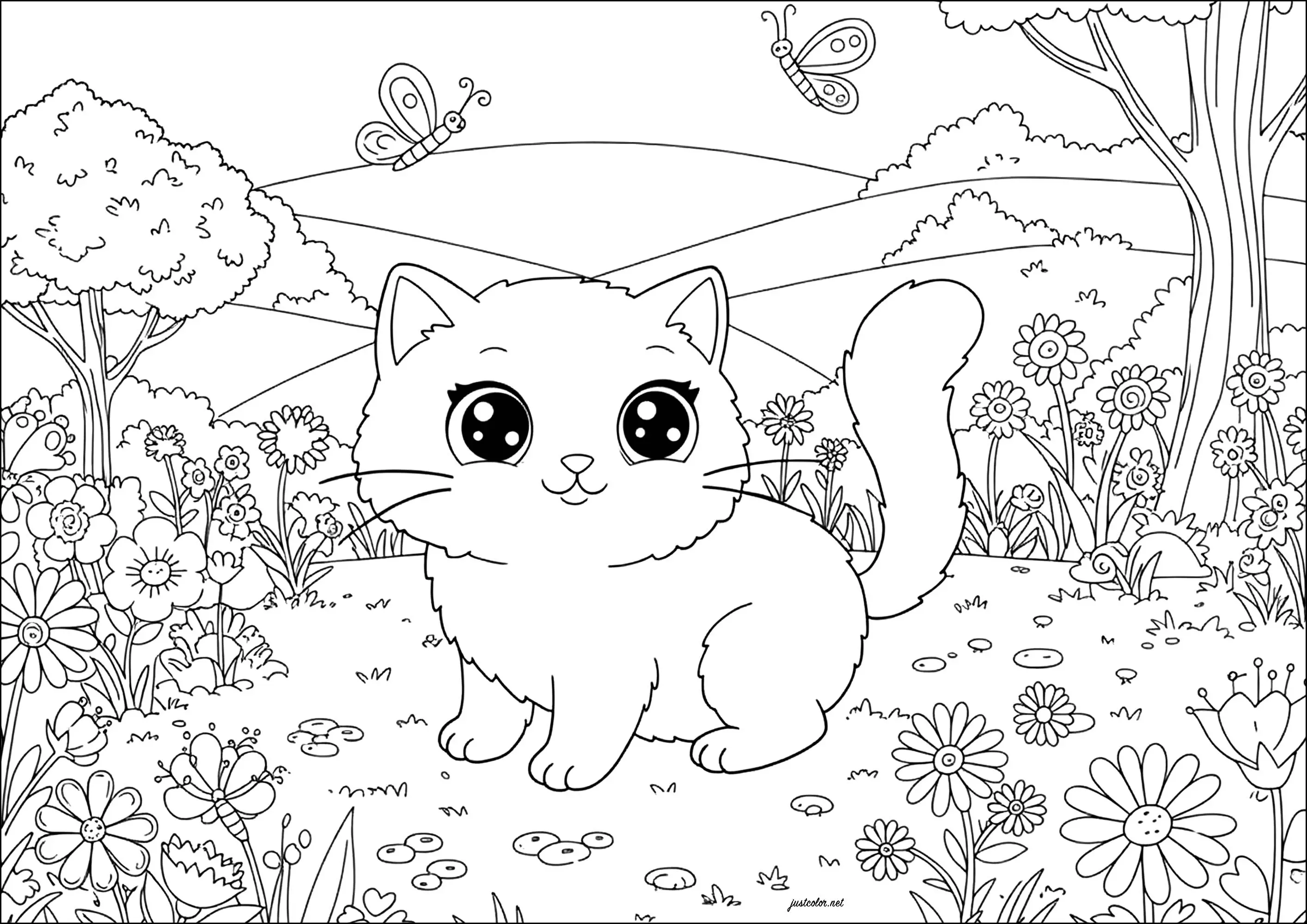 Petit chaton émerveillé par des papillons (Coloriage de Chats à imprimer pour enfants)