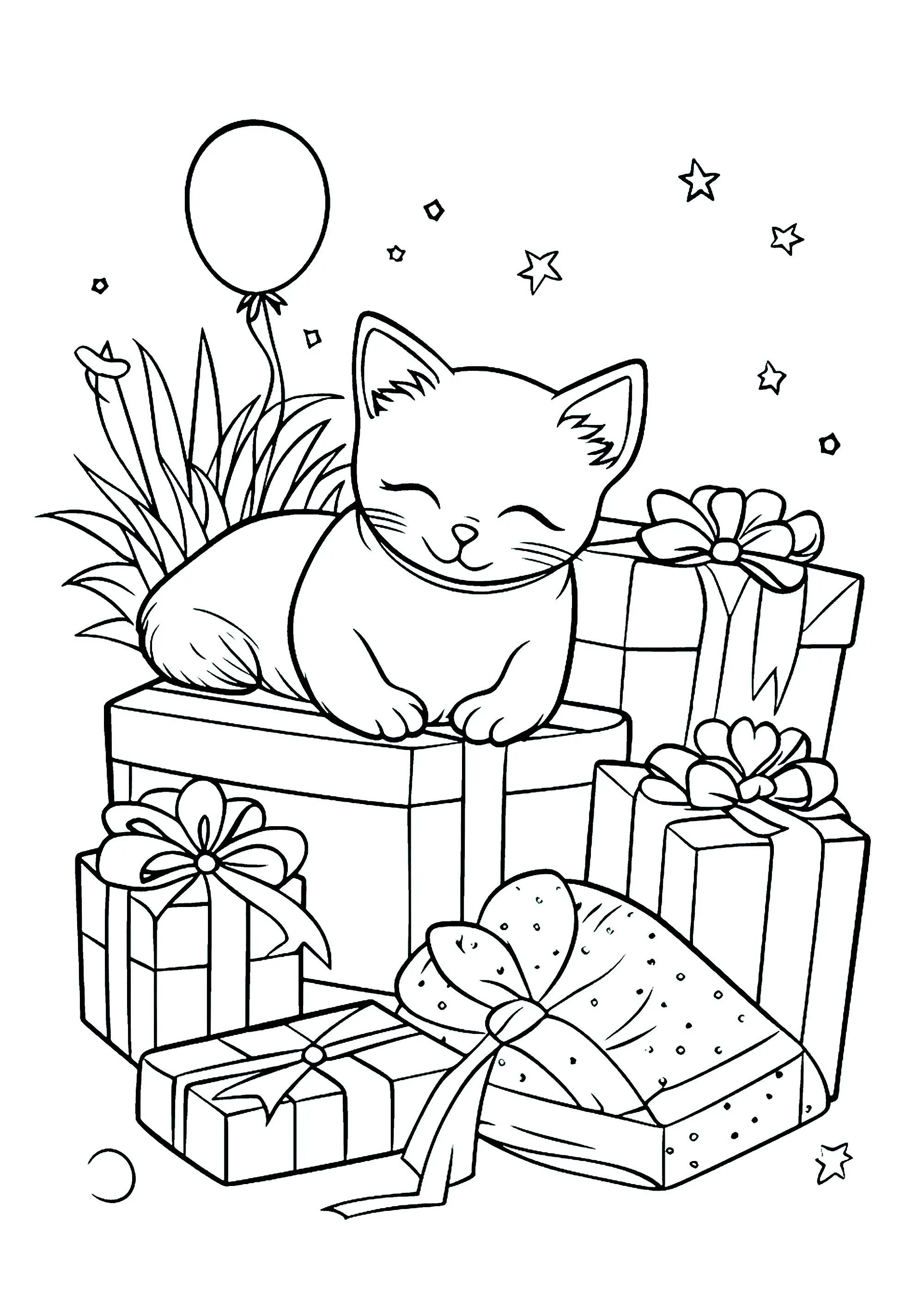 Un chat et de nombreux cadeaux emballés (Coloriage à imprimer pour enfants)
