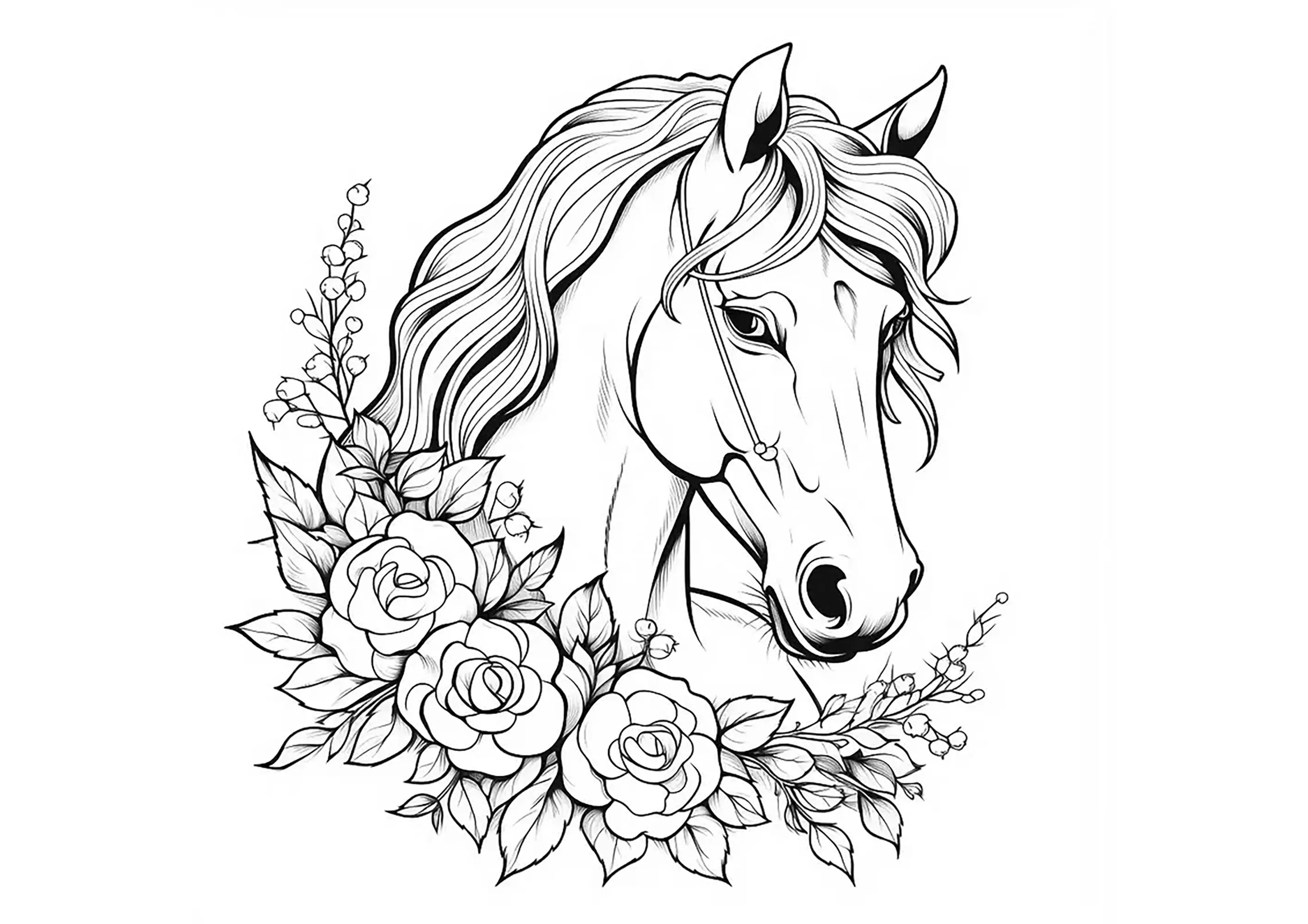 Joli cheval entouré de fleurs (Coloriage de Chevaux à imprimer pour enfants)