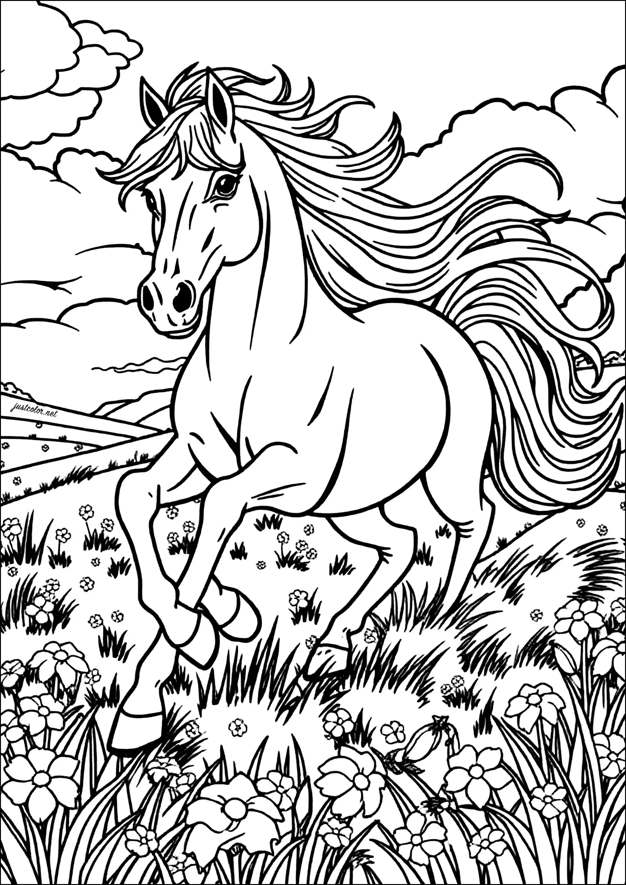 Majestueux cheval au milieu des fleurs (Coloriage de Chevaux à imprimer pour enfants)